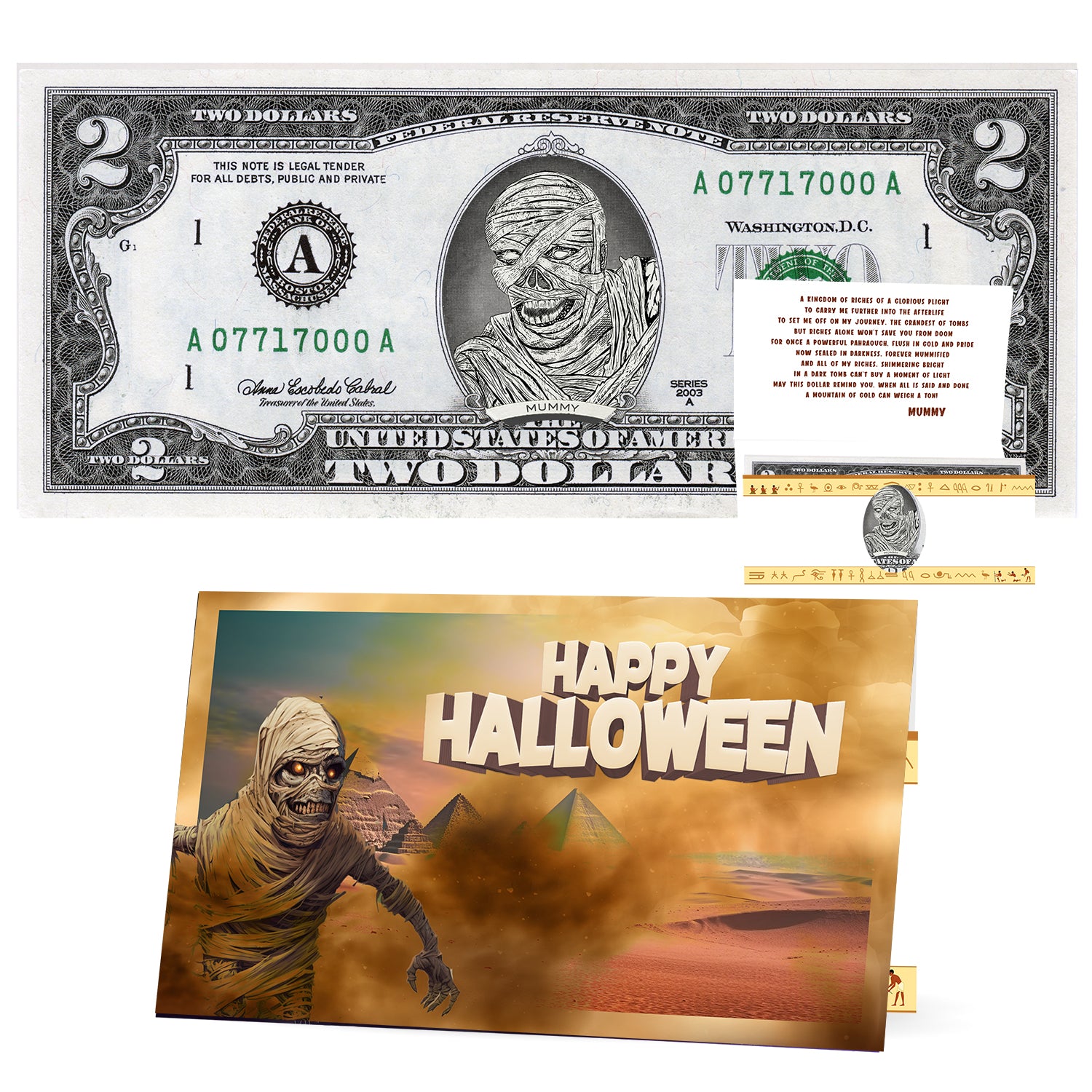 The Official Mummy Halloween Dollar Bill. Real 2.0 USD. Bankable & Spendable. Each Bill Comes with a Halloween Card.