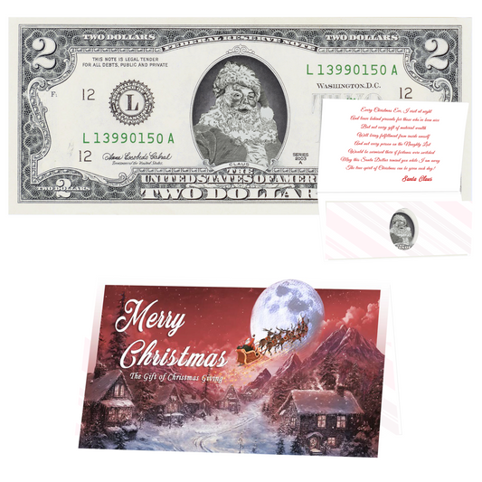 Holiday Dollars Classic Santa genuine U.S. $2 Santa dollar bill with To All a Goodnight presentation card.