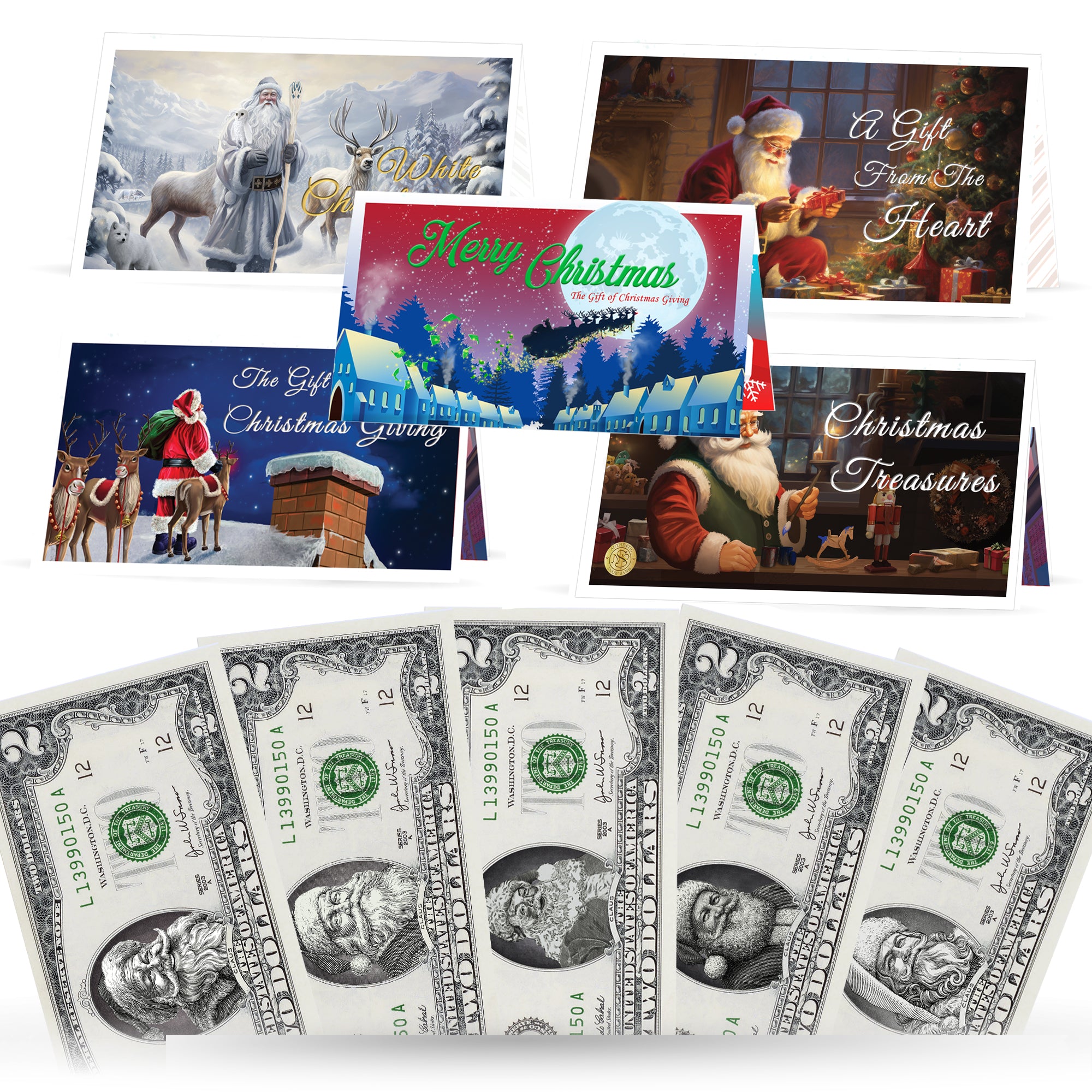 Santa Dollar 2.0 Variety Package! 5 Different Real 2.0 USD Santa Dollars and Currency Cards. Perfect Christmas Stocking Stuffer!