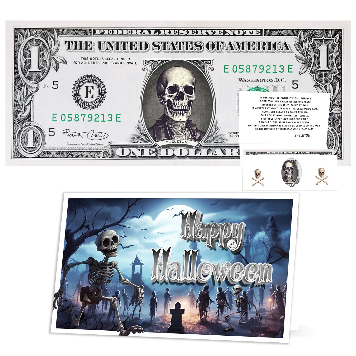 The Official Skeleton Halloween Dollar Bill. Real 1.0 USD. Bankable & Spendable. Each Bill Comes with a Halloween Card.