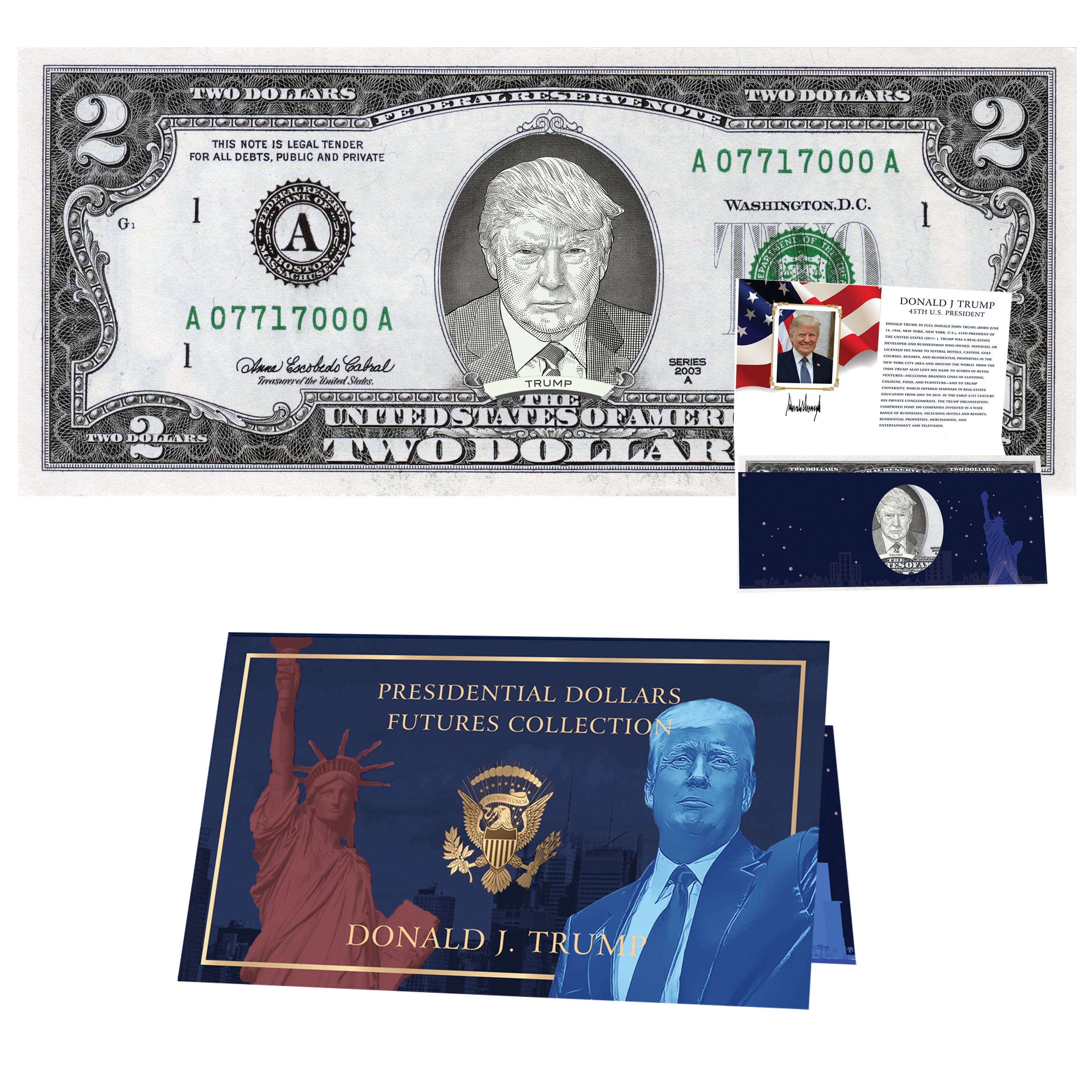 Donald Trump Mugshot Official $2 Dollar Bill w/ Presidential Currency Card. Presidential Futures Collection - REAL USD!