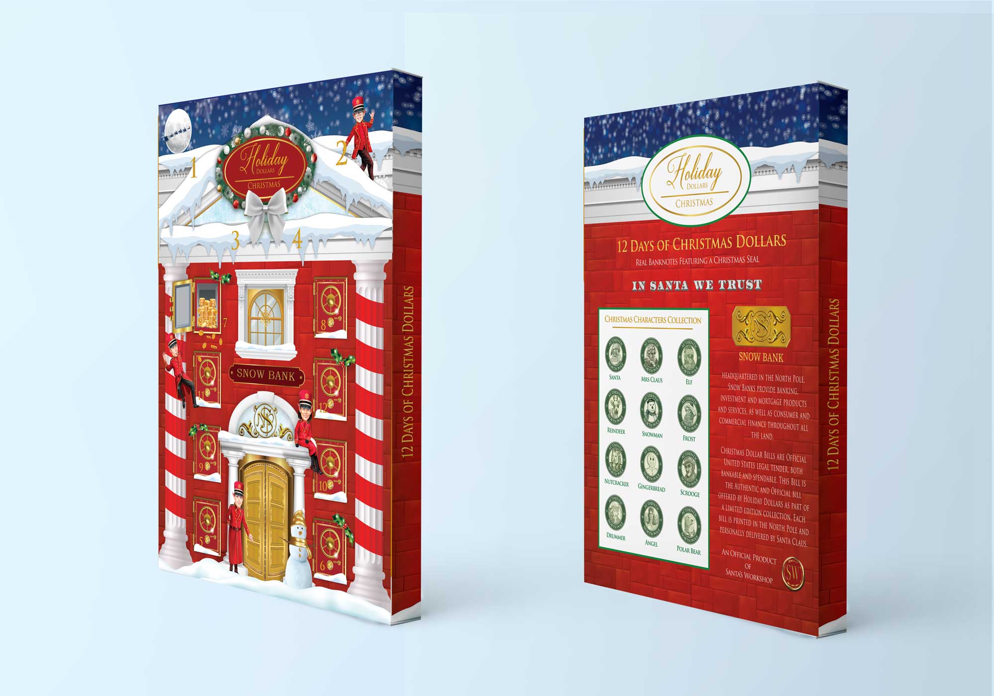 12 Days of Christmas Dollars Advent Calendar. 12 Real Bankable and Spendable Dollars in a 12 day Advent Calendar Snow Bank Box. Two Dollar Edition