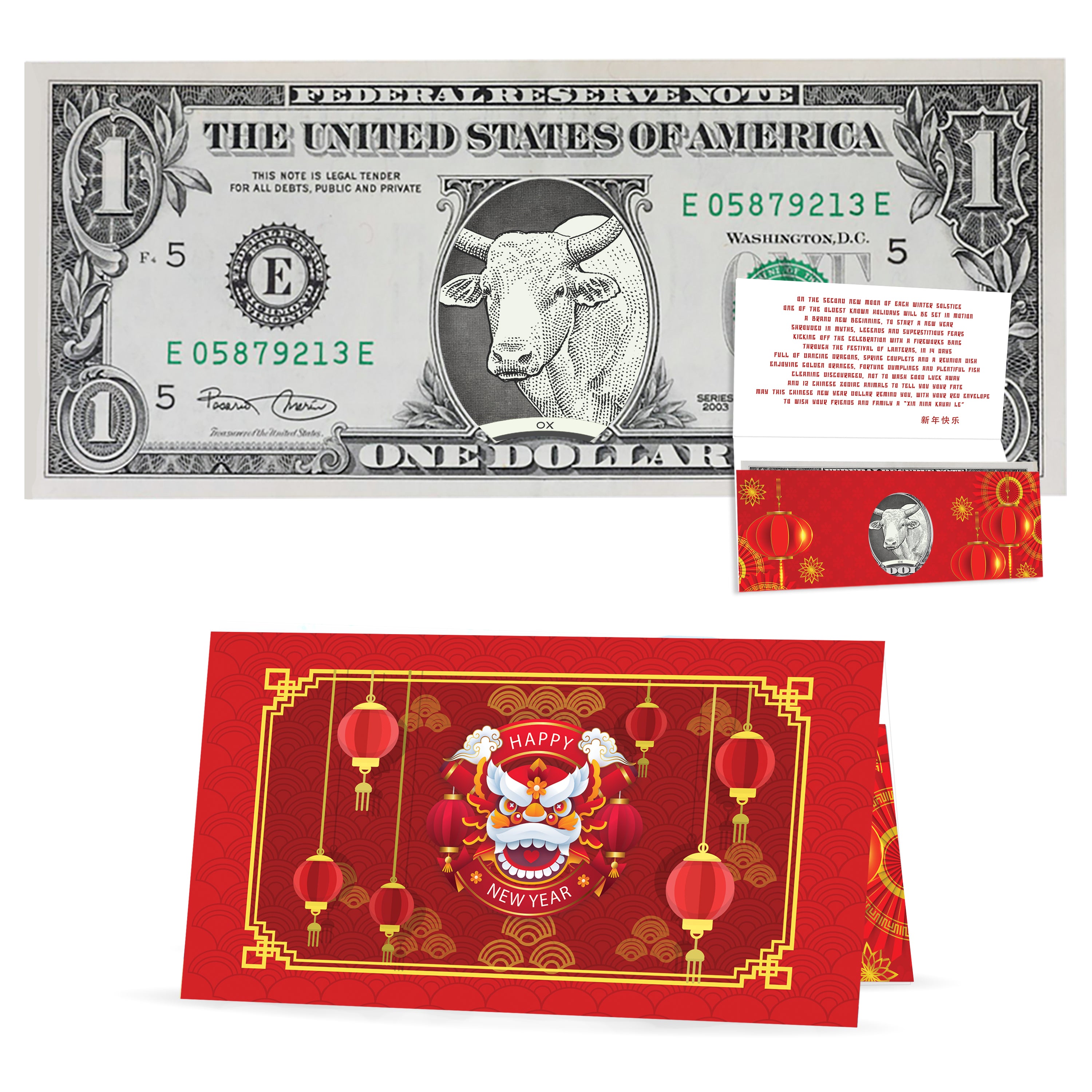 Official Chinese New Year Lucky Money Dollar: Real 1.0 USD with Removable Seal. Year of the Ox 2021 Lucky Red Packet and Envelope