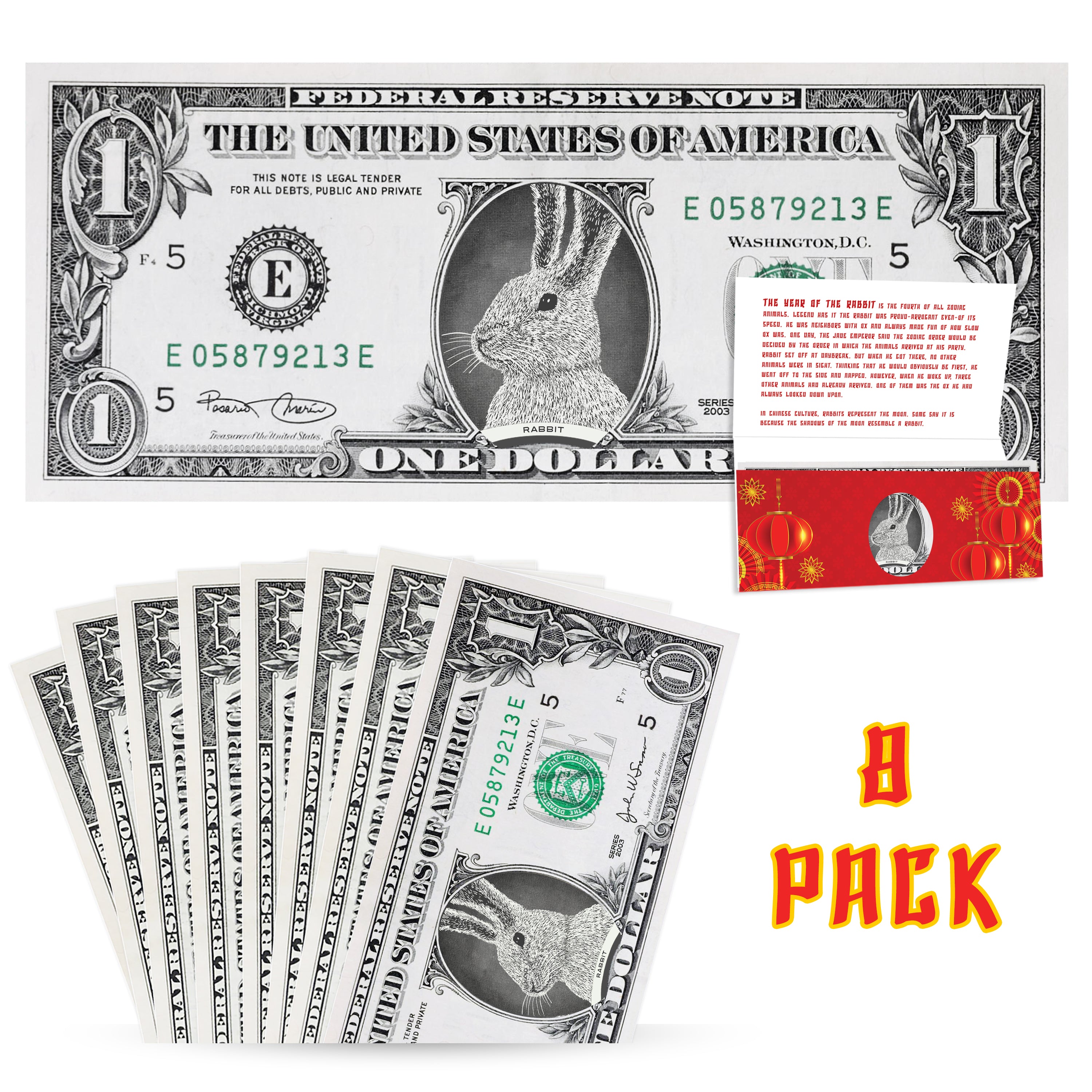 Official Chinese New Year Lucky Dollar Money: Real 1.0 USD with Removable Seal. 8-Pack. Year of the Rabbit 2023 Lucky Red Packet and Envelope