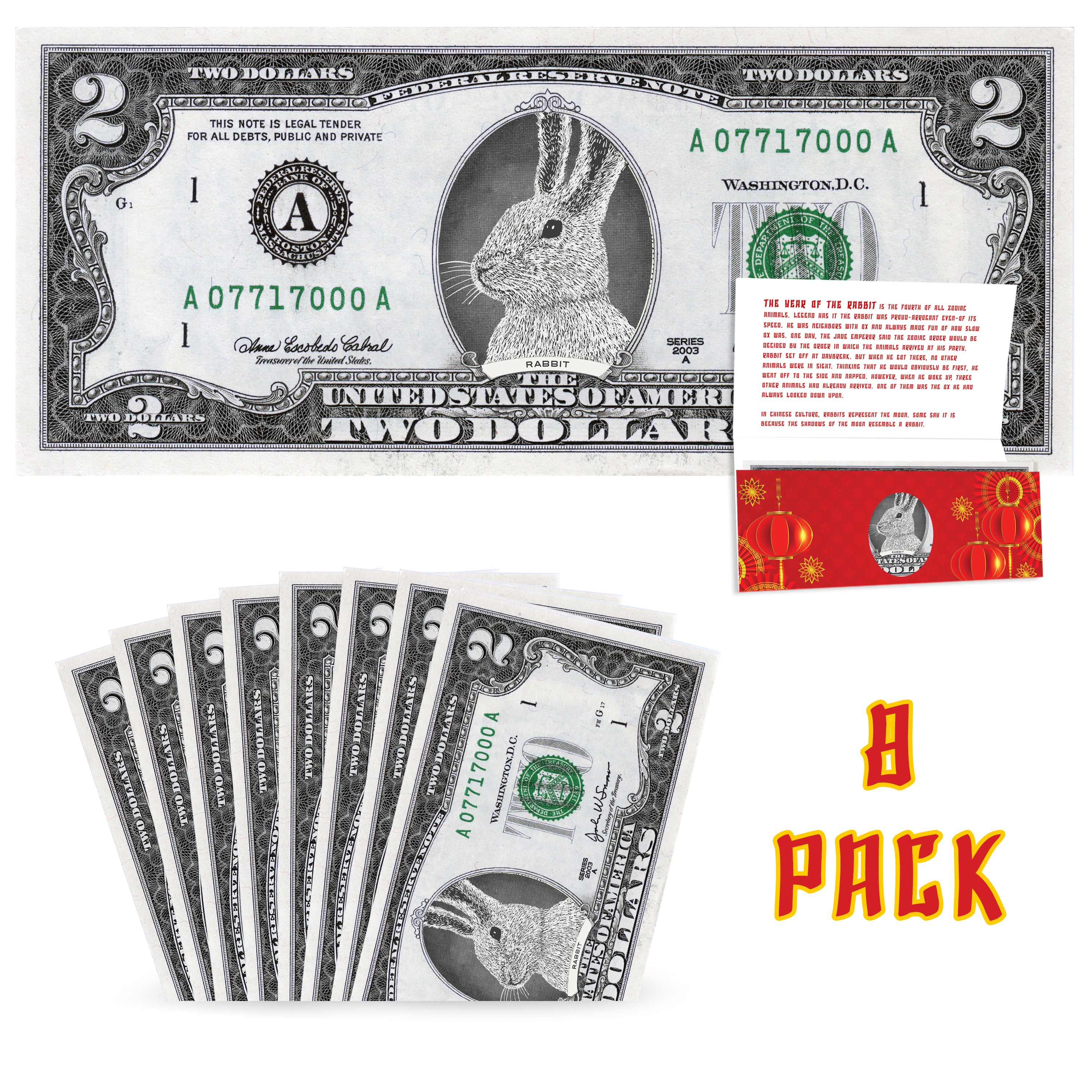 Official Chinese New Year Lucky Dollar Money: Real 2.0 USD with Removable Seal. 8-Pack. Year of the Rabbit 2023 Lucky Red Packet and Envelope