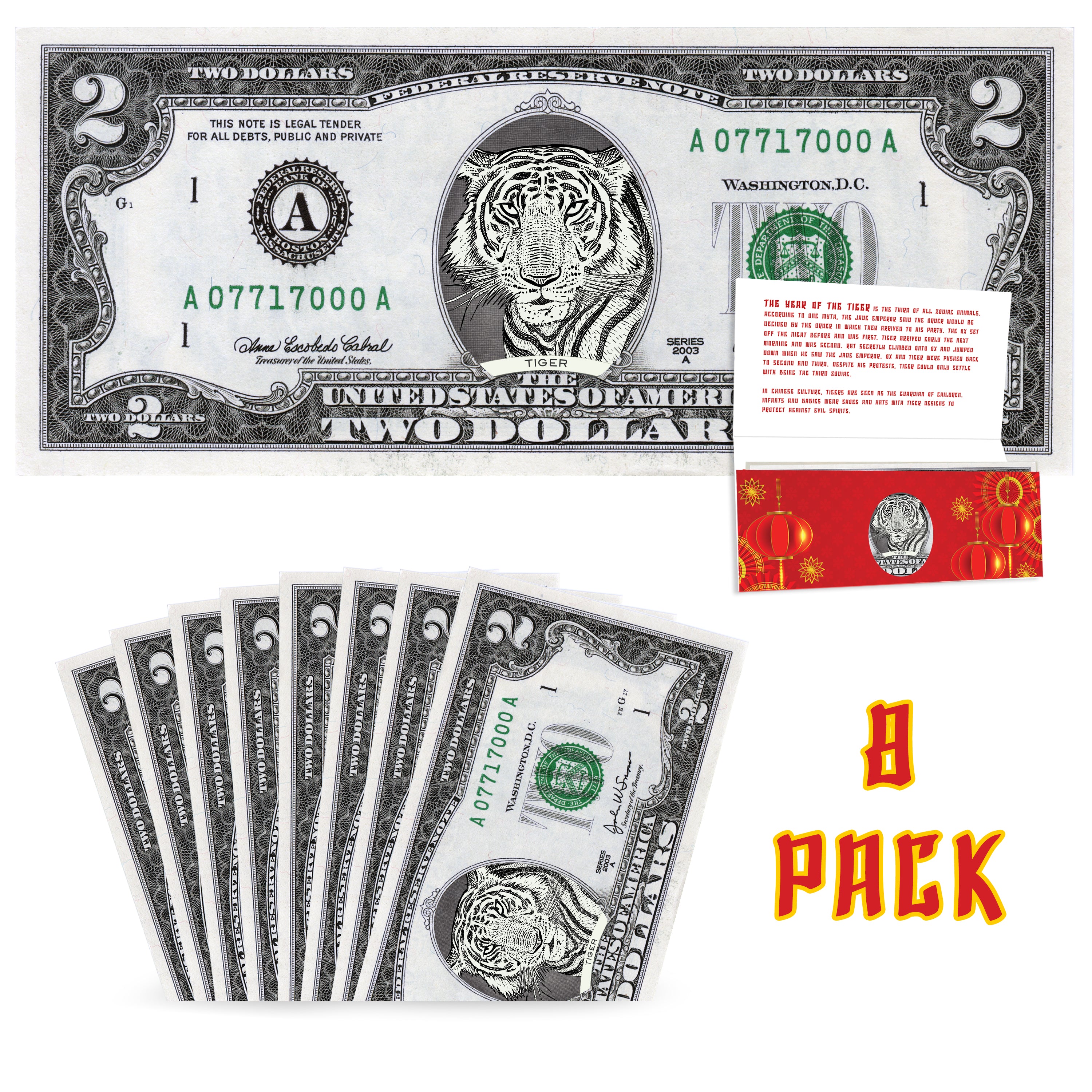 Official Chinese New Year Lucky Dollar: Real 2.0 USD Value Pack. 8 2.0 USD Dollars Included. Bankable & Spendable. Year of the Tiger Lucky Red Packet and Envelope