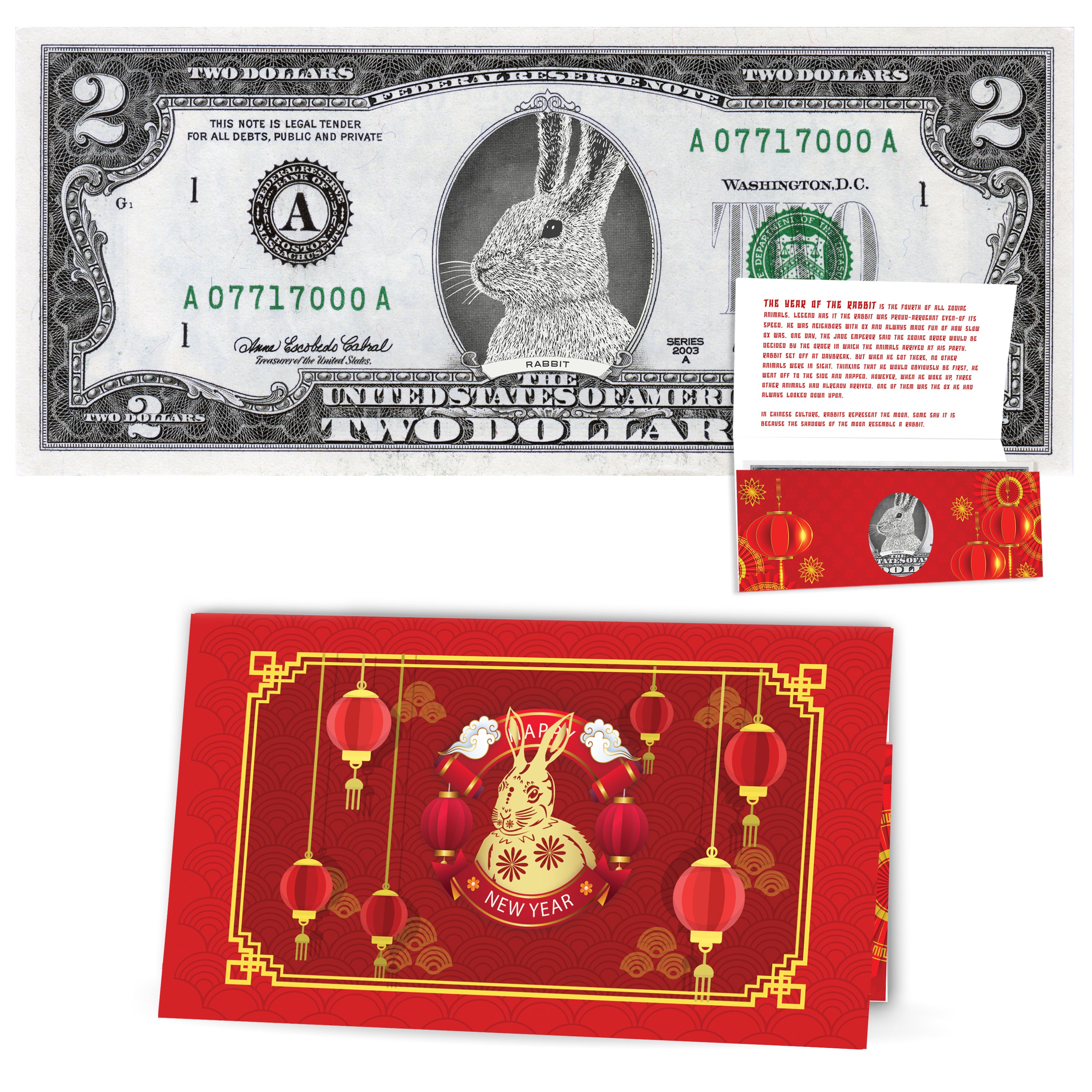 Official Chinese New Year Lucky Dollar Money: Real 2.0 USD. Bankable & Spendable. Year of the Rabbit Lucky Red Packet and Envelope