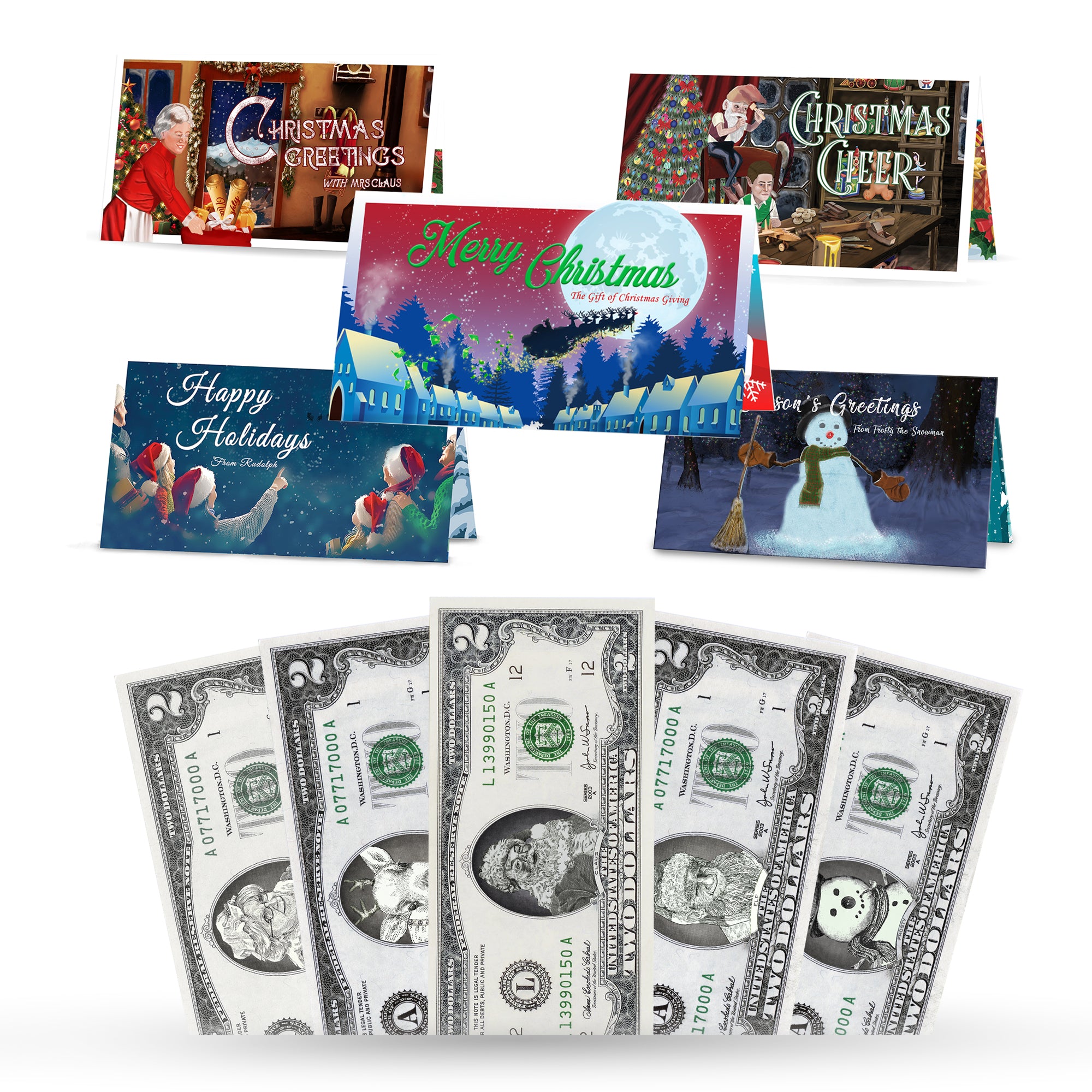 Christmas Dollar Variety Package! 5 Different Real 2.0 USD Christmas Dollars and Currency Cards. Perfect Christmas Stocking Stuffer!