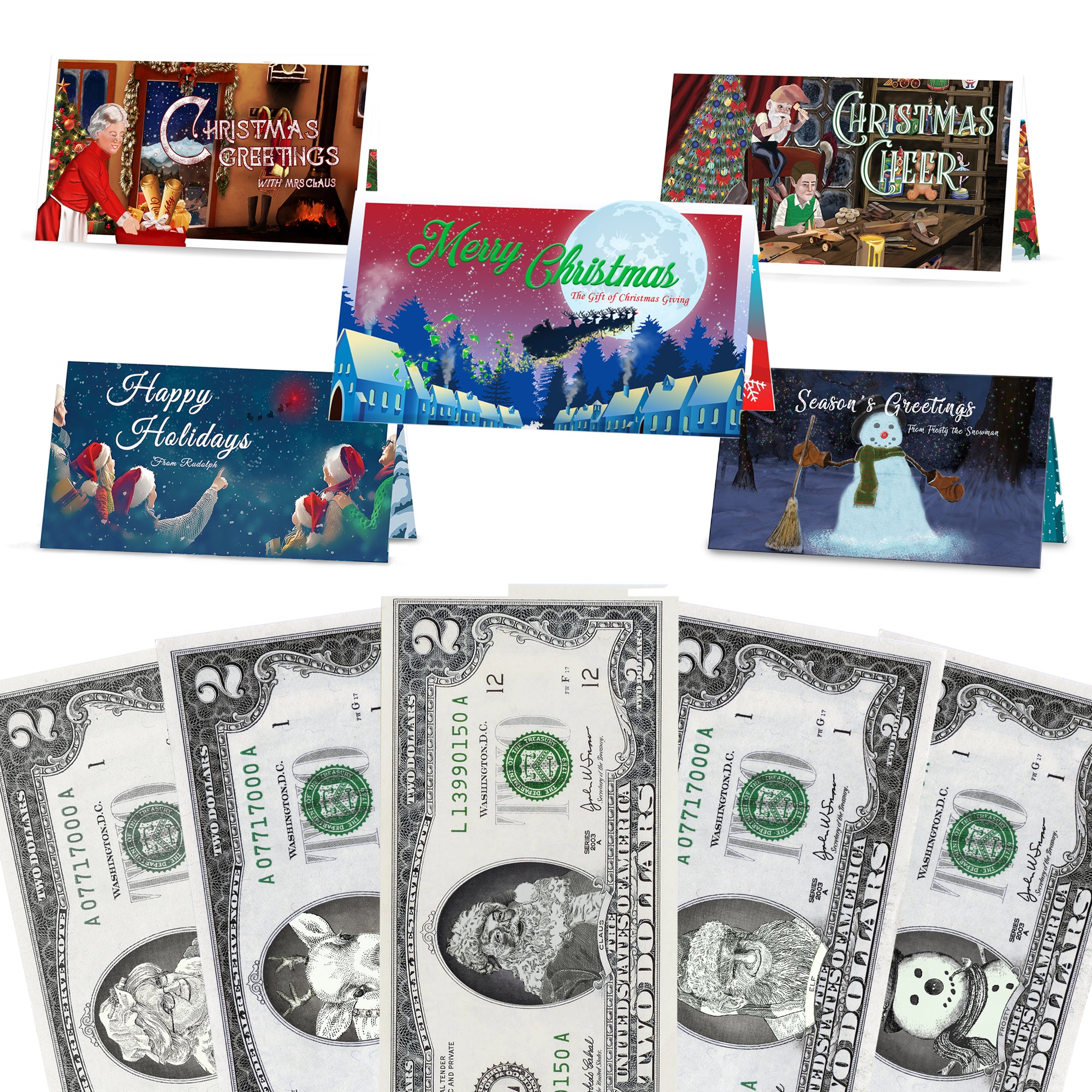Christmas Dollar Variety Package! 5 Different Real 2.0 USD Christmas Dollars and Currency Cards. Perfect Christmas Stocking Stuffer!