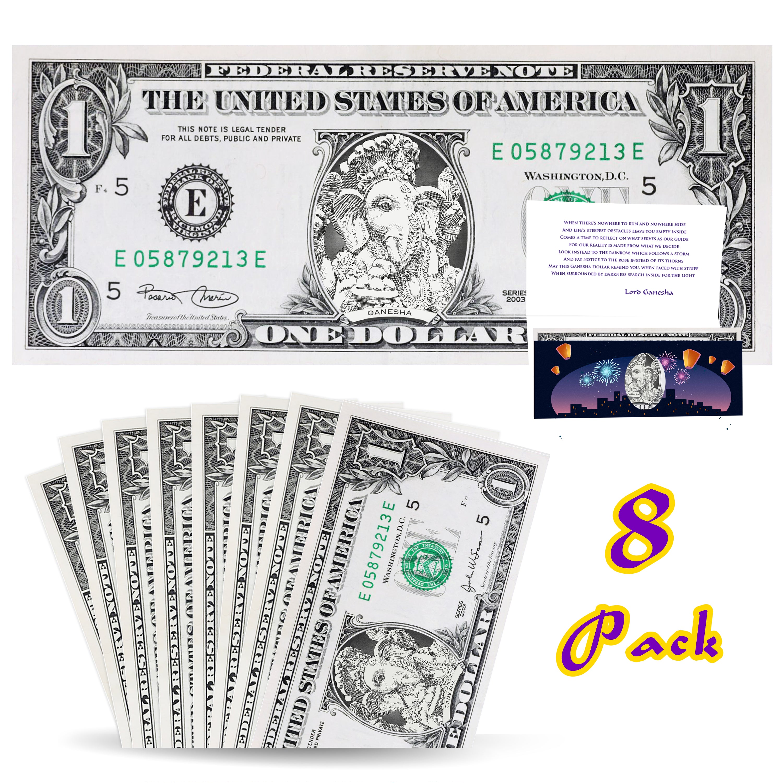 Official Diwali Lord Ganesha Dollar 8-Pack Real 1.0 USD. Bankable & Spendable. A symbol of Good Fortune and Prosperity