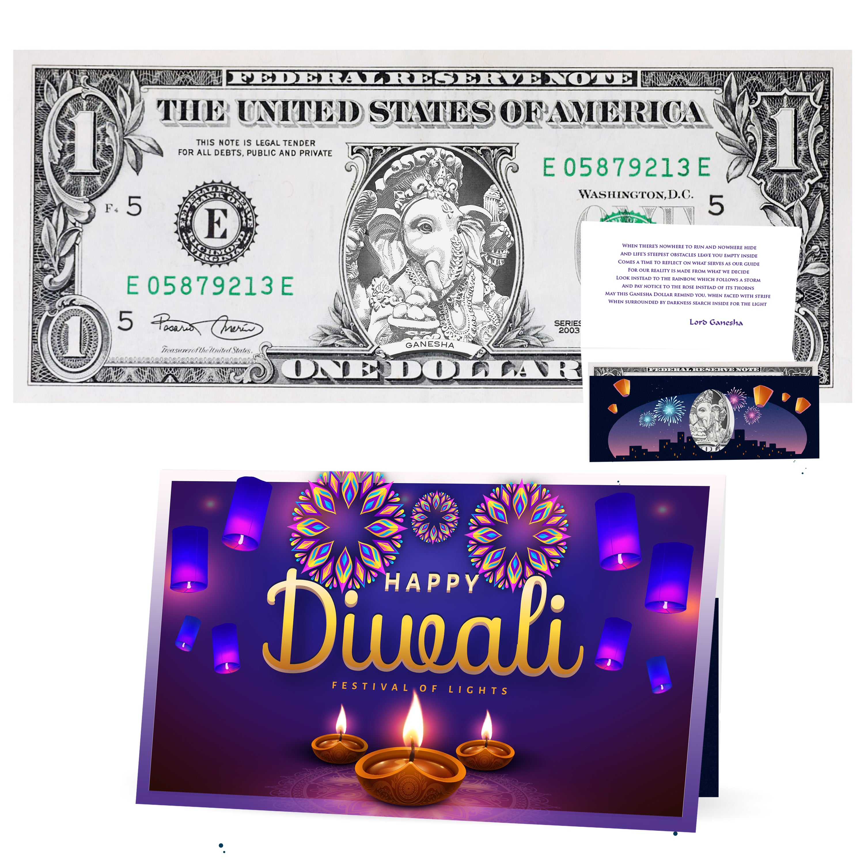 Official Diwali Lord Ganesha Dollar. Real 1.0 USD. Bankable & Spendable. A symbol of Good Fortune and Prosperity