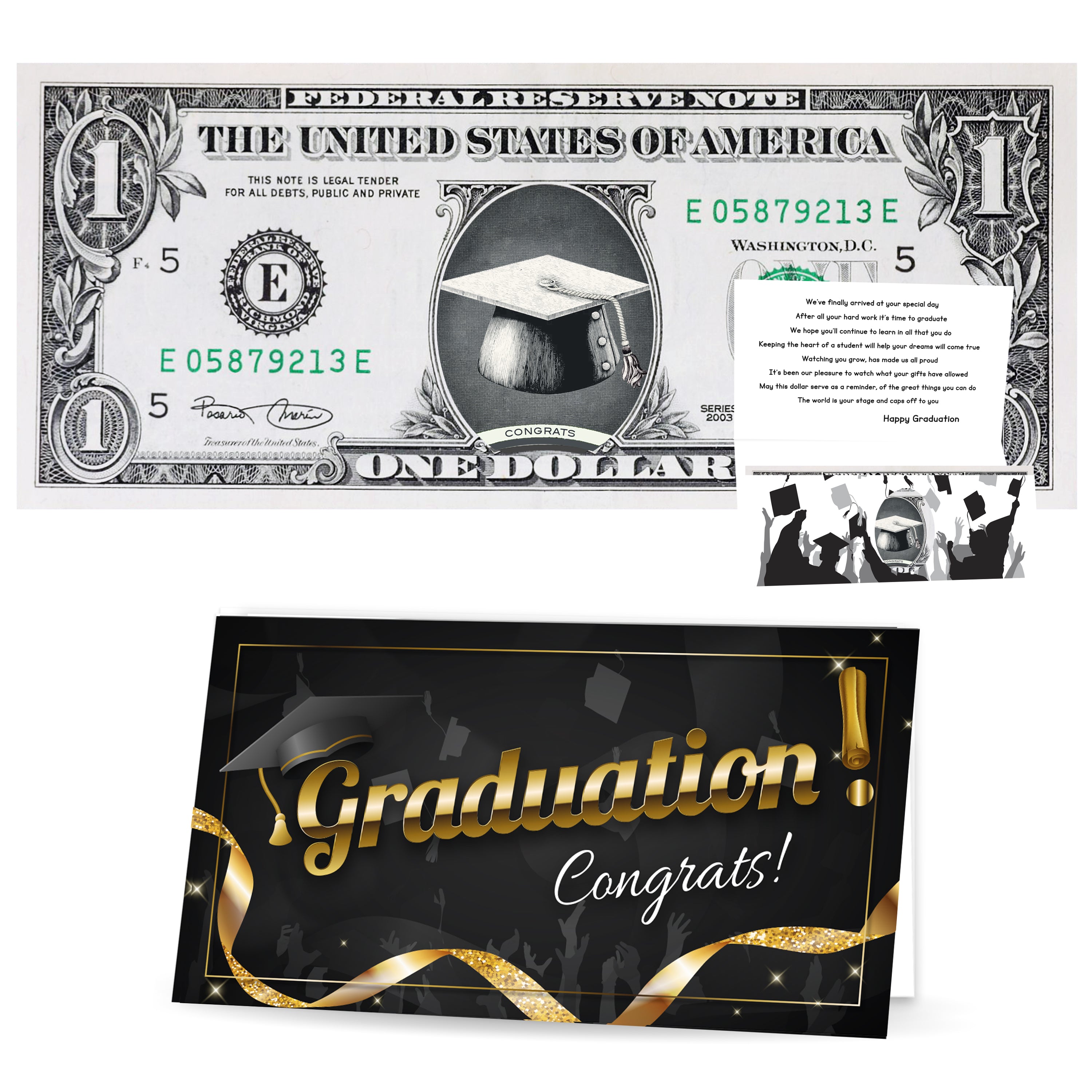 Happy Graduation Card and Official Dollar. Real 1.0 USD. Each Bill Comes with a Graduation Card, Currency Holder and Graduation Poem