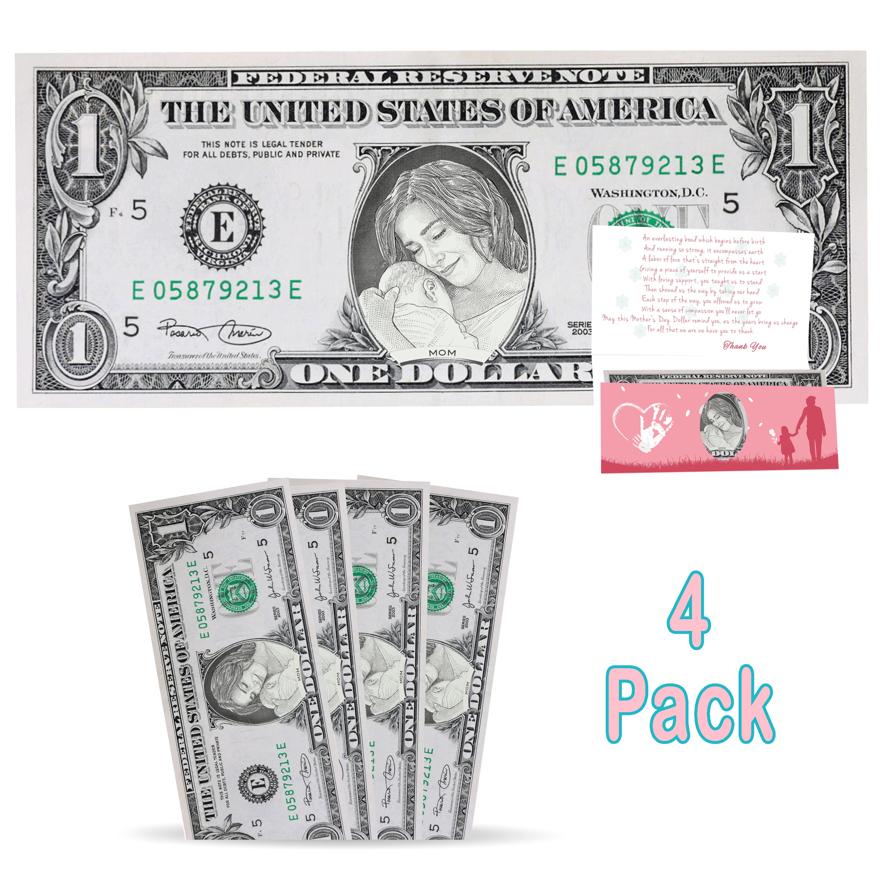 Mother's Day Card Gift & Dollar Bill 4-Pack. Real 1.0 USD. Each Bill Comes with a Mother's Day Card, Currency Holder and Thank You Mom