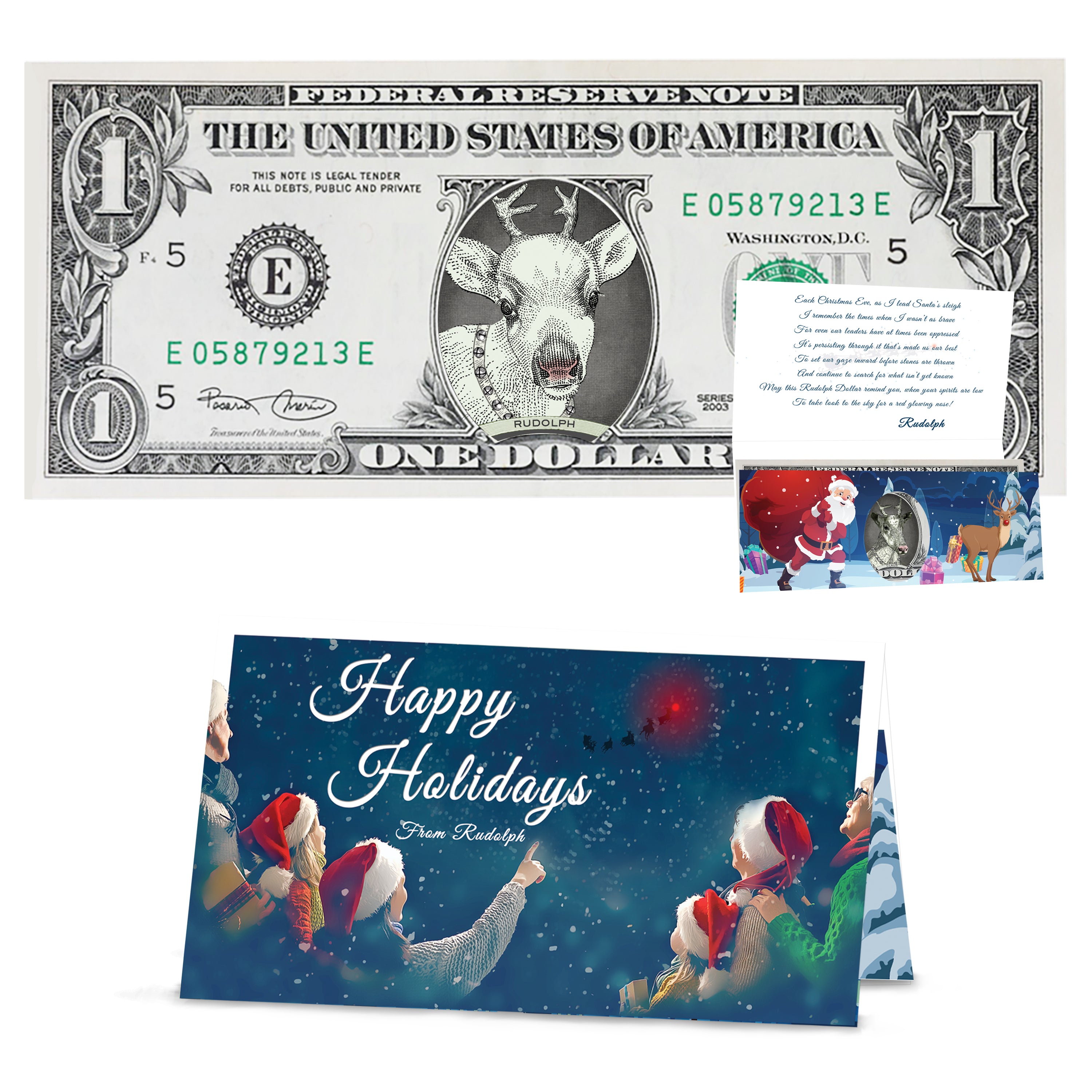 Rudolph Dollar Bill Perfect Stocking Stuffer Complete Gift Christmas Gift Package with Holiday Greeting Card. Affordable Christmas Gift