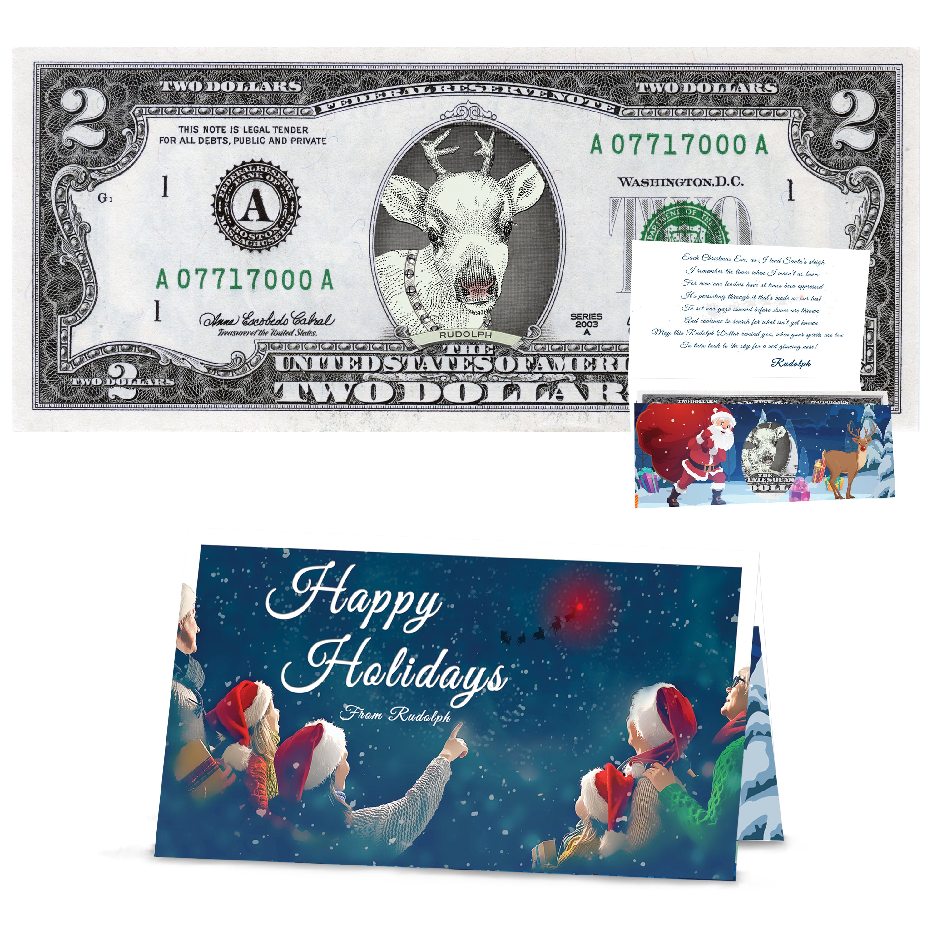Rudolph 2.0 Dollar Bill Perfect Stocking Stuffer Complete Gift Christmas Gift Package with Holiday Greeting Card. Affordable Christmas Gift