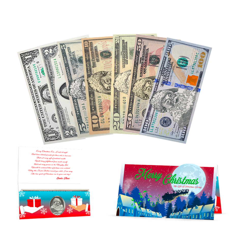 The Official Santa Claus Dollar Bill Full Set. Includes 1.0, 2.0, 5.0, 10.0, 20.0, 50.0 and 100.0 USD! Real USD. Bankable and Spendable. Complete Santa Gift and Card Included for Each Bill