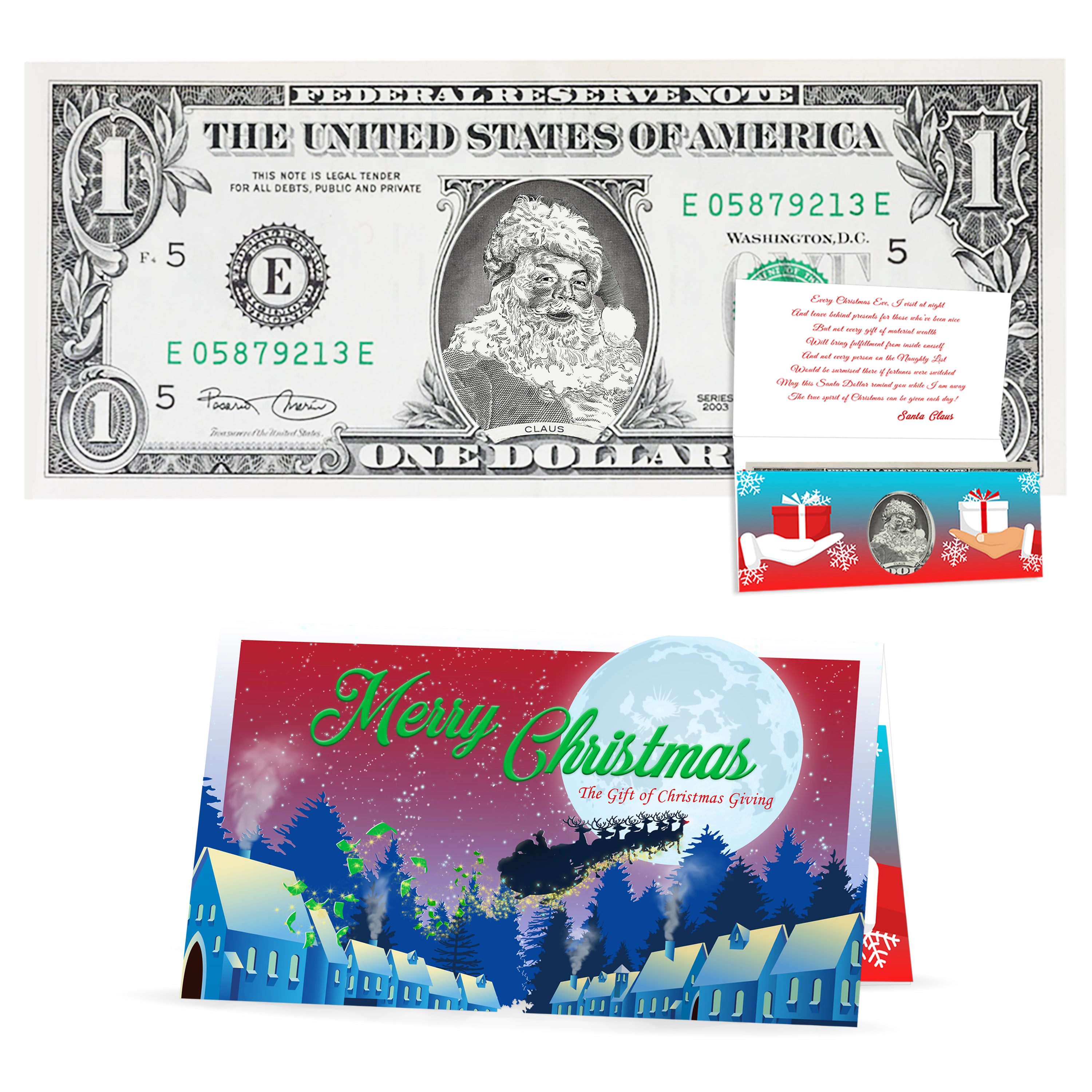 The Official Santa Claus Dollar Bill. Santa Dollar $1: Give the Gift of Christmas Giving. Real USD. Bankable and Spendable.