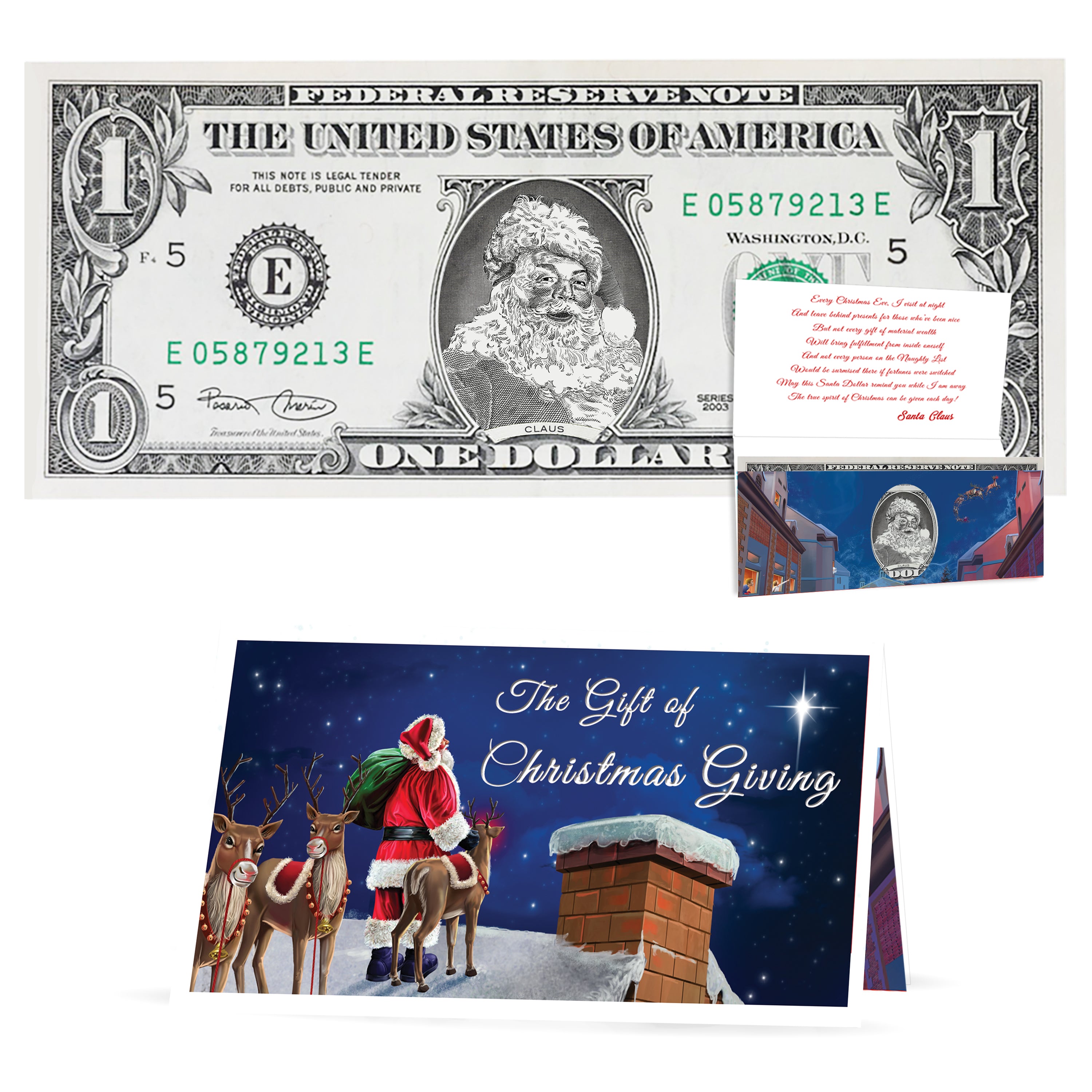 The Official Santa Claus Dollar Bill. Santa Dollar $1: Give the Gift of Christmas Giving. Real USD. Bankable and Spendable.