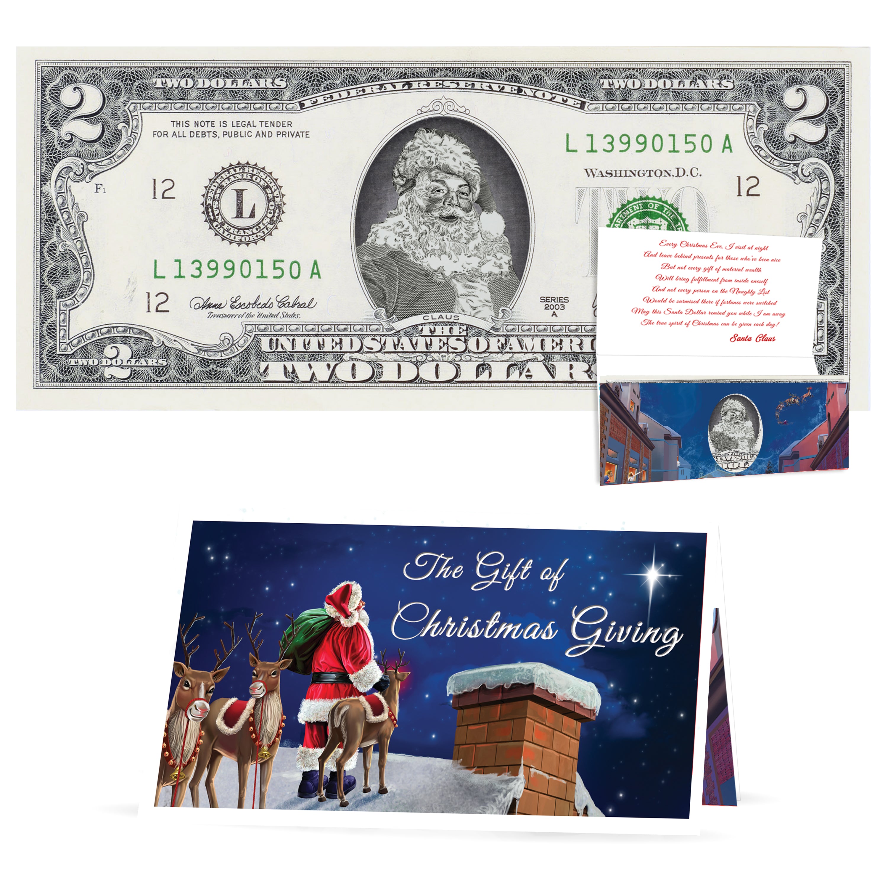 Official Santa Claus $2 Bill. Real USD. Bankable & Spendable. The Gift of Christmas Giving
