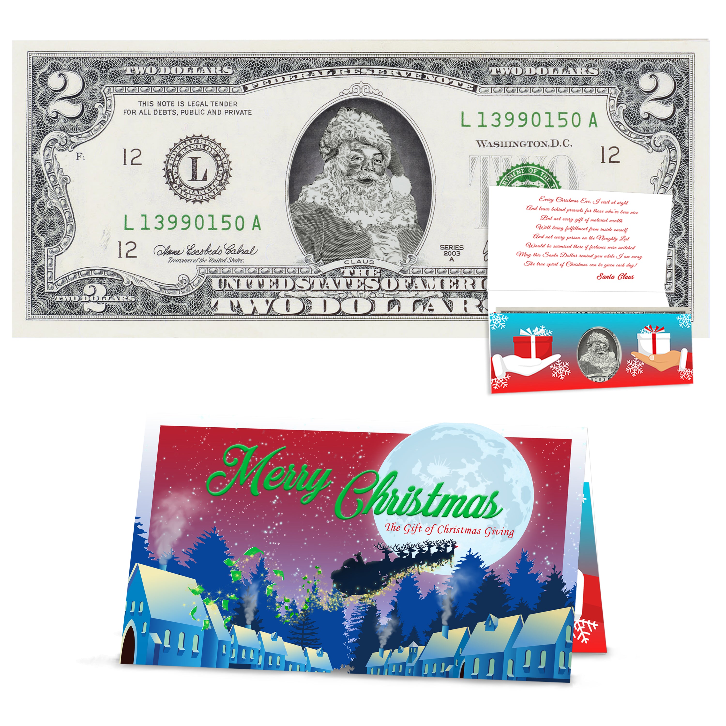 Official Santa Claus $2 Bill. Real USD. Card and Letter from Santa