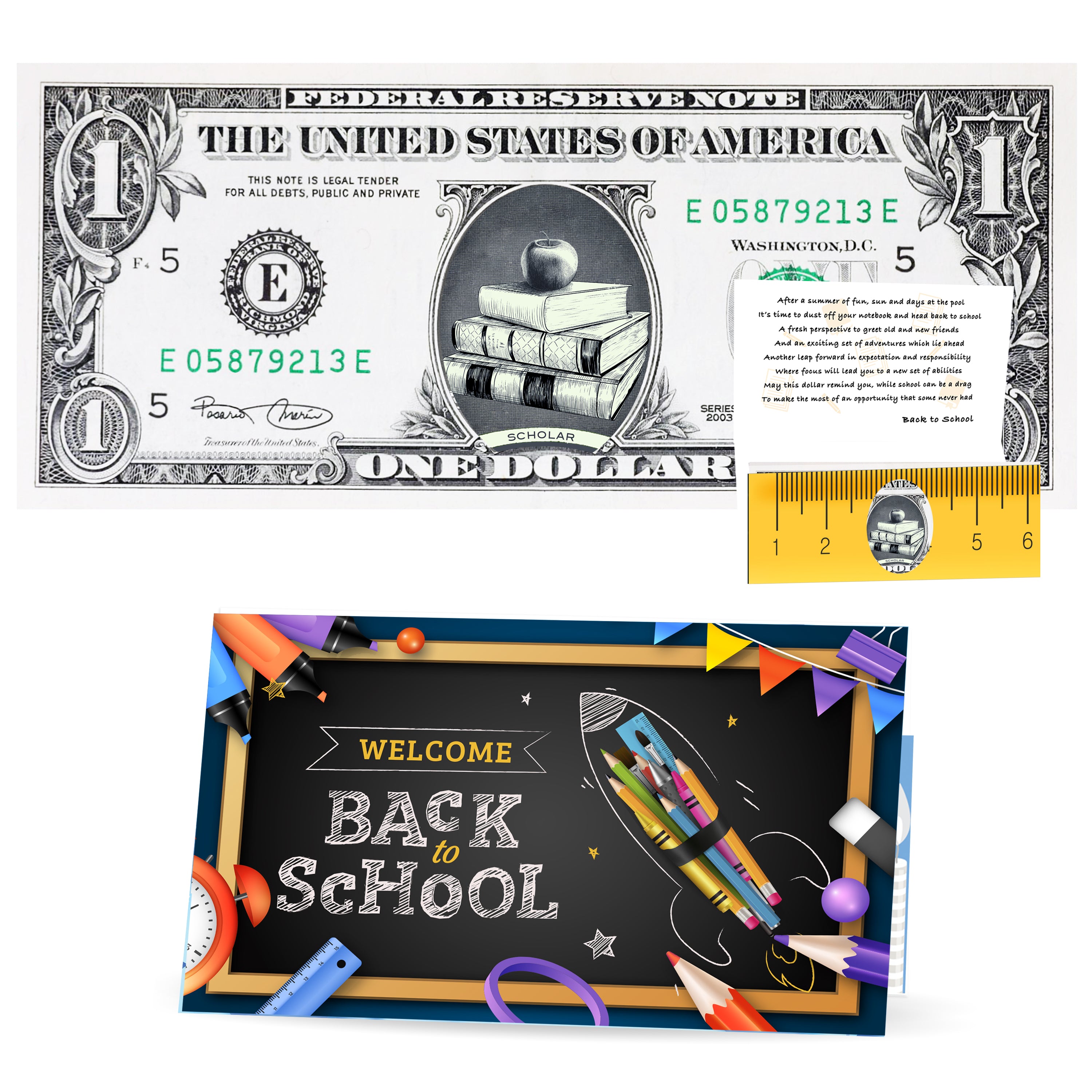 Back to School Card and Official Dollar. Real 1.0 USD. Each Bill Comes with a Back to School Card, Currency Holder and Back to School Poem