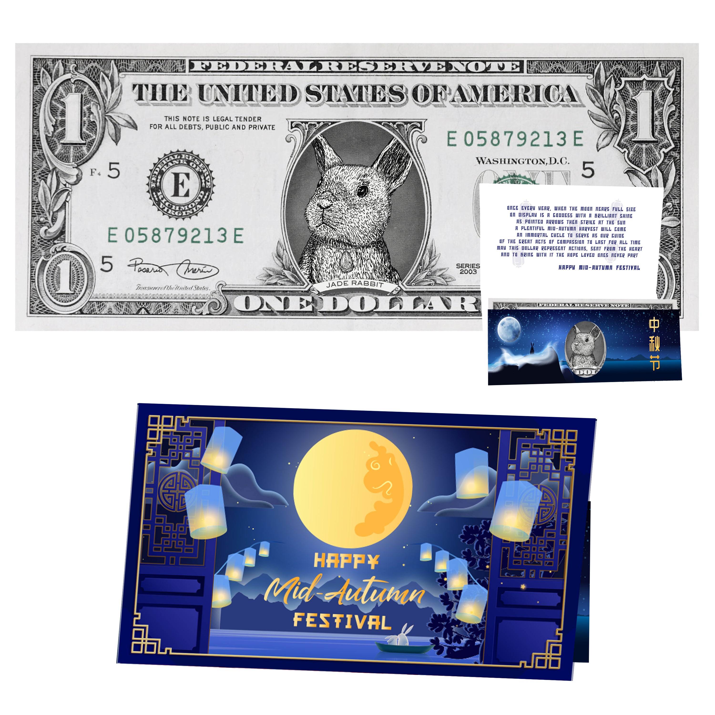 Official Mid Autumn Festival Lucky Dollar: Real 1.0 USD. Bankable & Spendable. Moon Festival Jade Rabbit Lucky Dollar and Card
