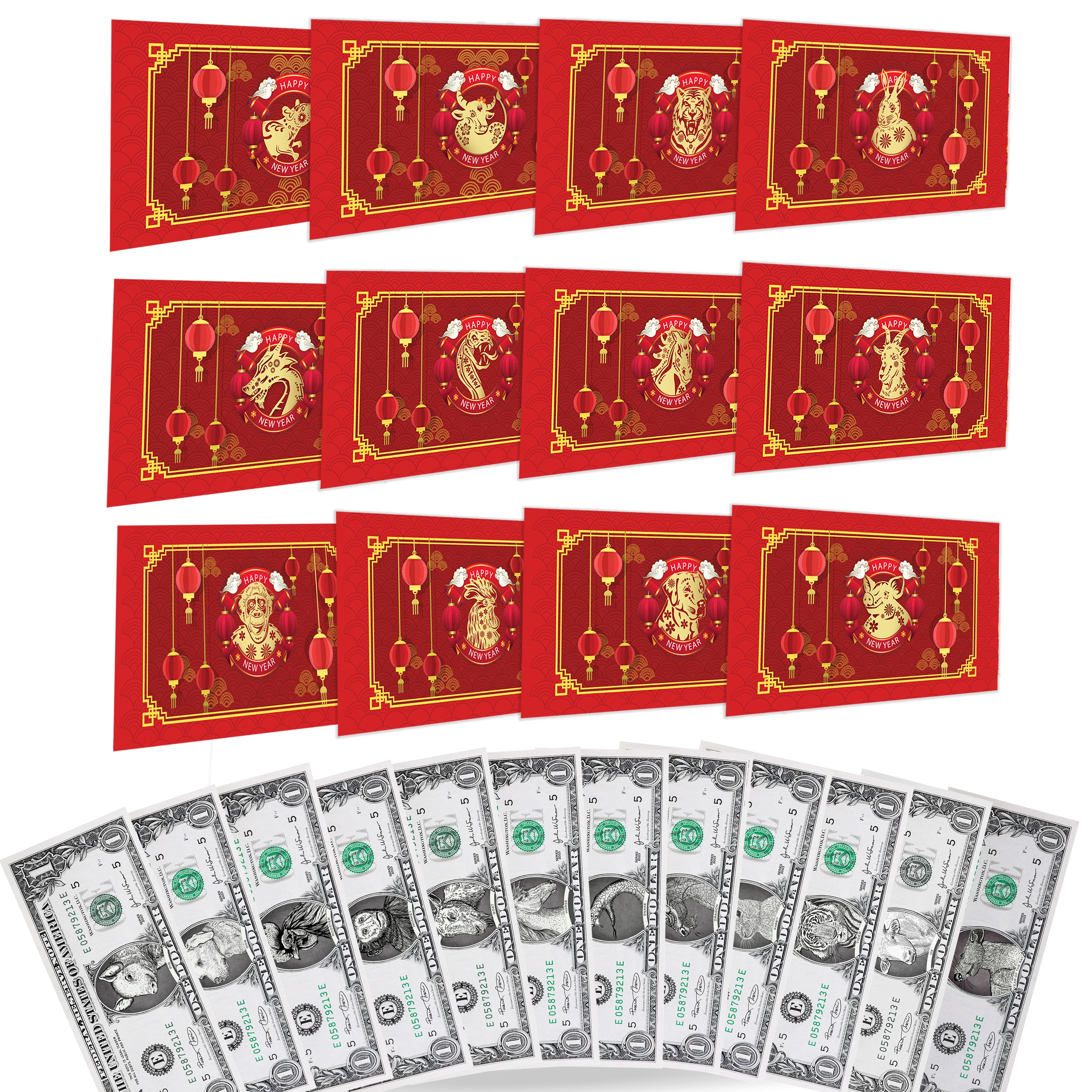 Official Chinese New Year Lucky Dollar Money Collection: Real 1.0 USD with Removable Seal. 12-Pack. Full Chinese Zodiac Collection