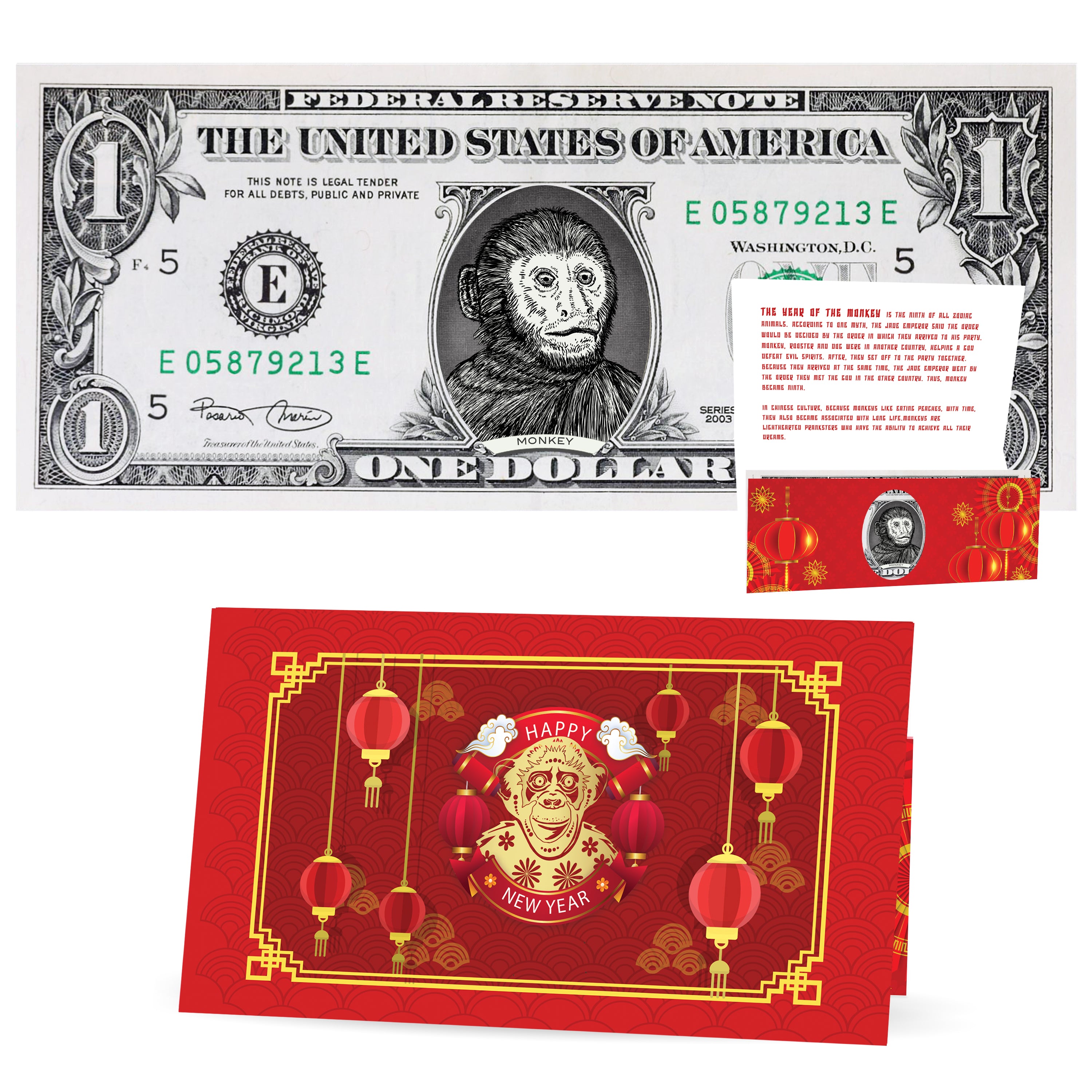 Official Chinese New Year Lucky Dollar: Real 1.0 USD. Bankable & Spendable. Year of the Monkey Lucky Red Packet and Envelope