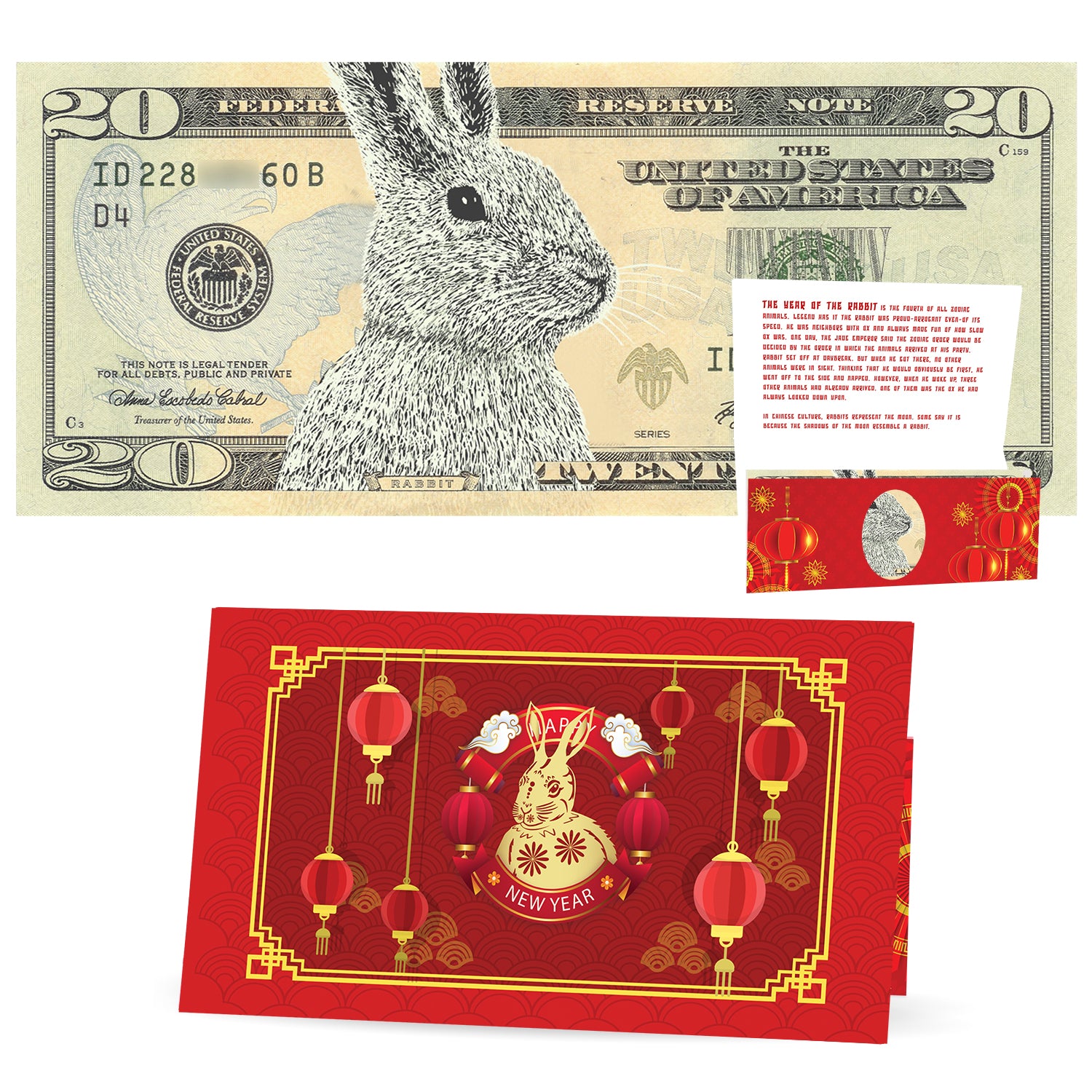 Official Chinese New Year Lucky Dollar Money: Real 20.0 USD. Bankable & Spendable. Year of the Rabbit Lucky Red Packet and Envelope
