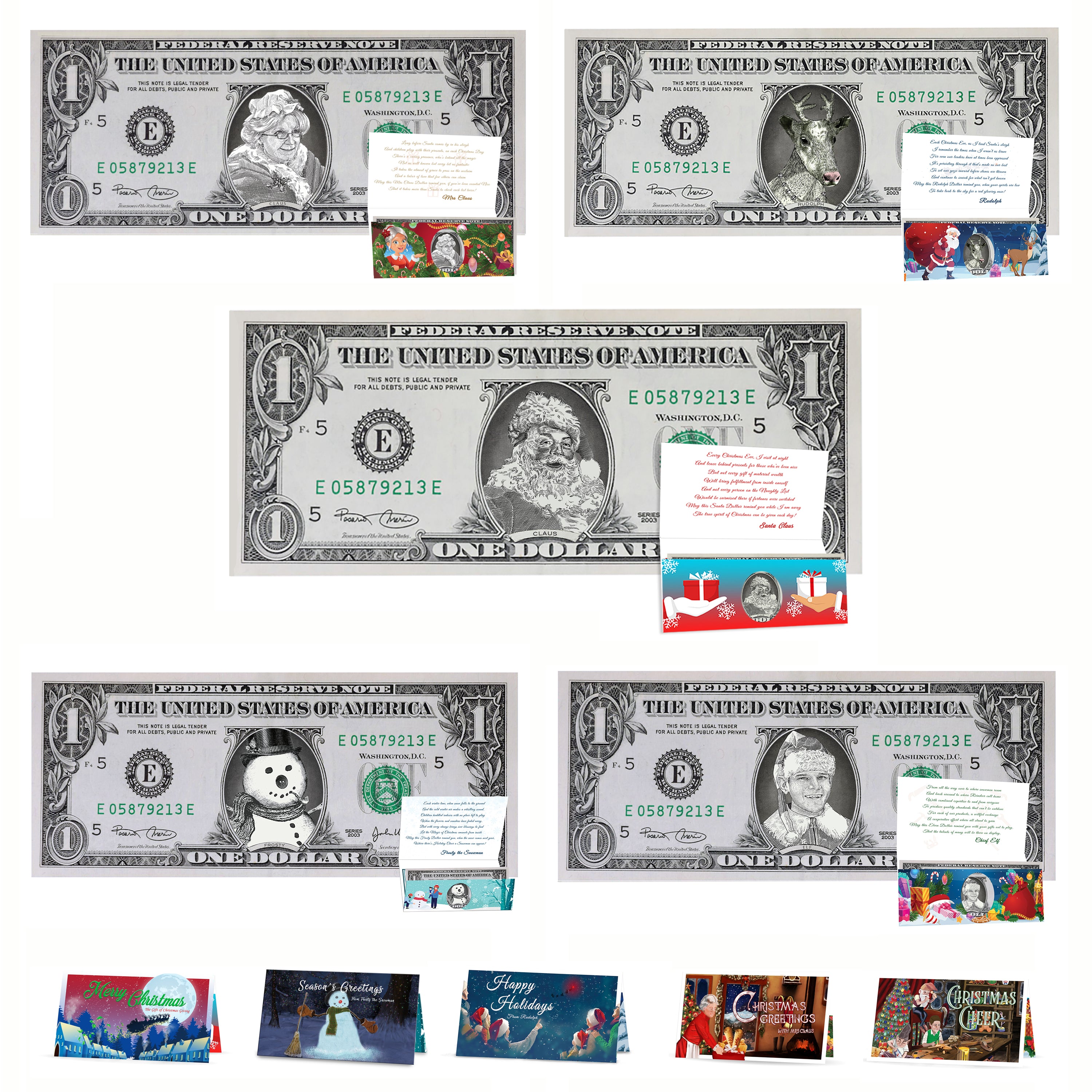 Christmas Dollar Variety Package! 5 Different Real 1.0 USD Christmas Dollars and Currency Cards. Perfect Christmas Stocking Stuffer!