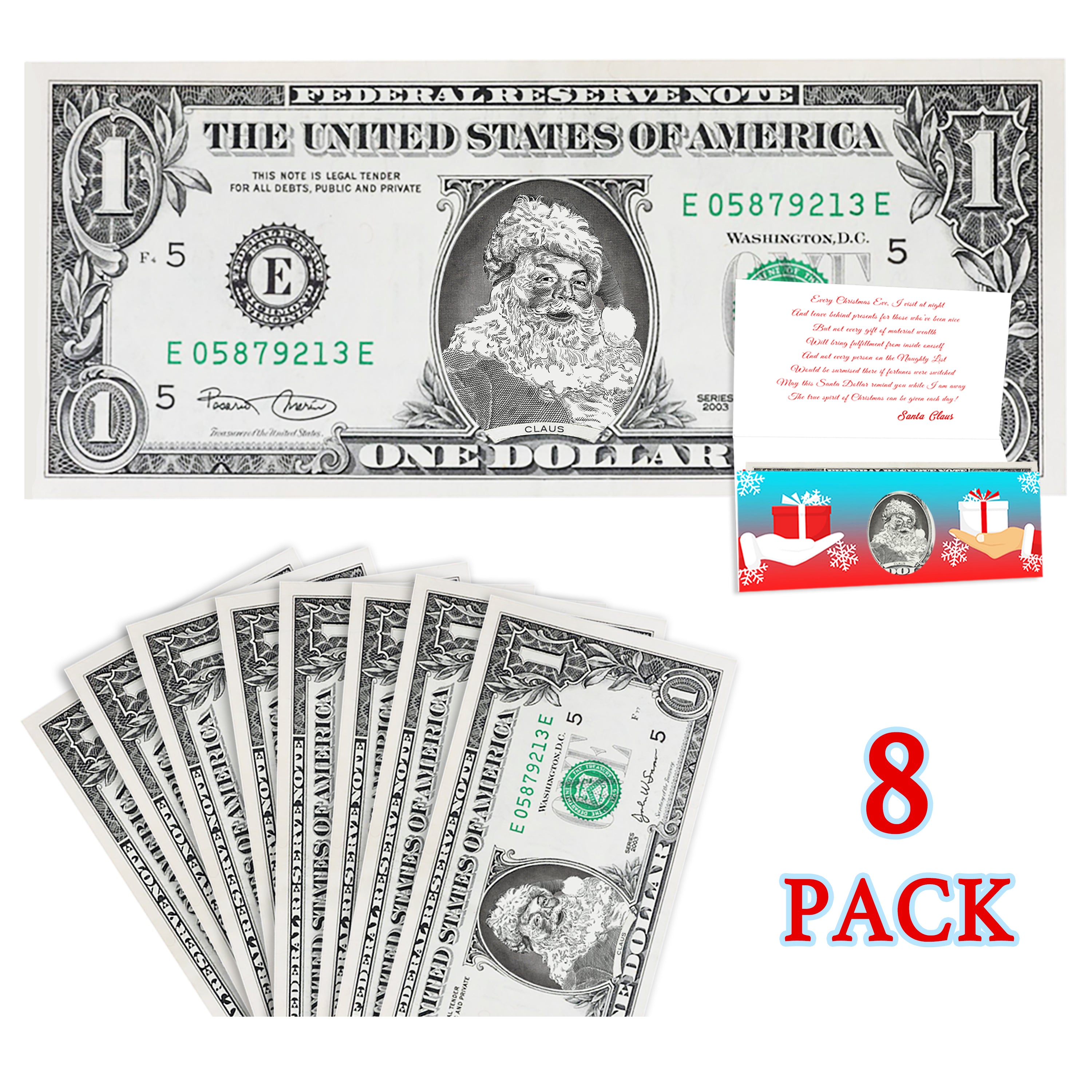 Santa Claus 1.0 USD Dollar Bill Gift Package with Holiday Greeting Card. Affordable Christmas Gift. 8 cards and 8 1.0 USD Santa Dollar Bills
