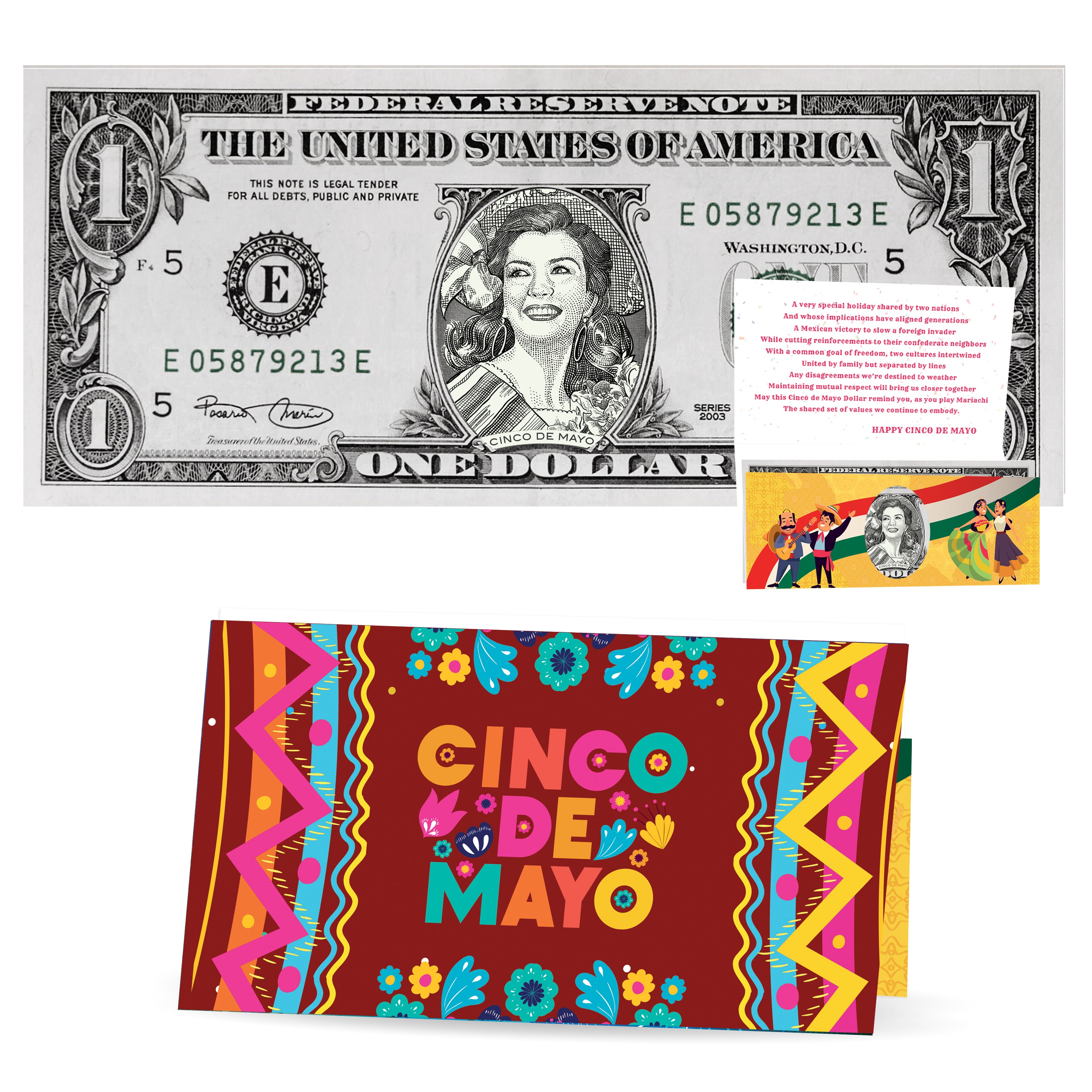 Cinco De Mayo Dollar Bill. Genuine 1.0 USD! Comes with Cinco de Mayo Greeting Card and Short History of Cinco De Mayo