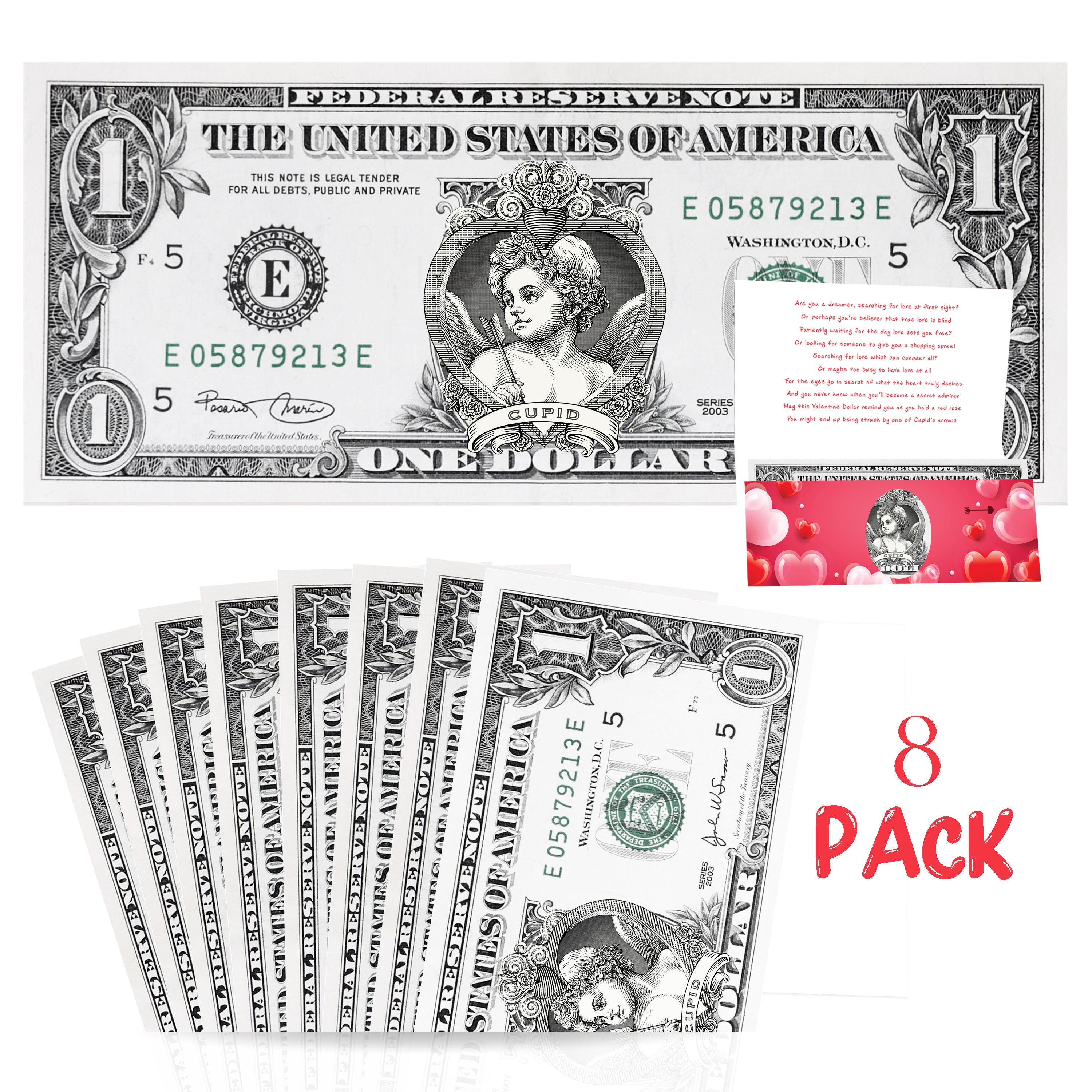 Valentine's Day Card and Official Cupid Dollar Bill Gift 8-Pack. Real 1.0 USD w/ Removable Seal.