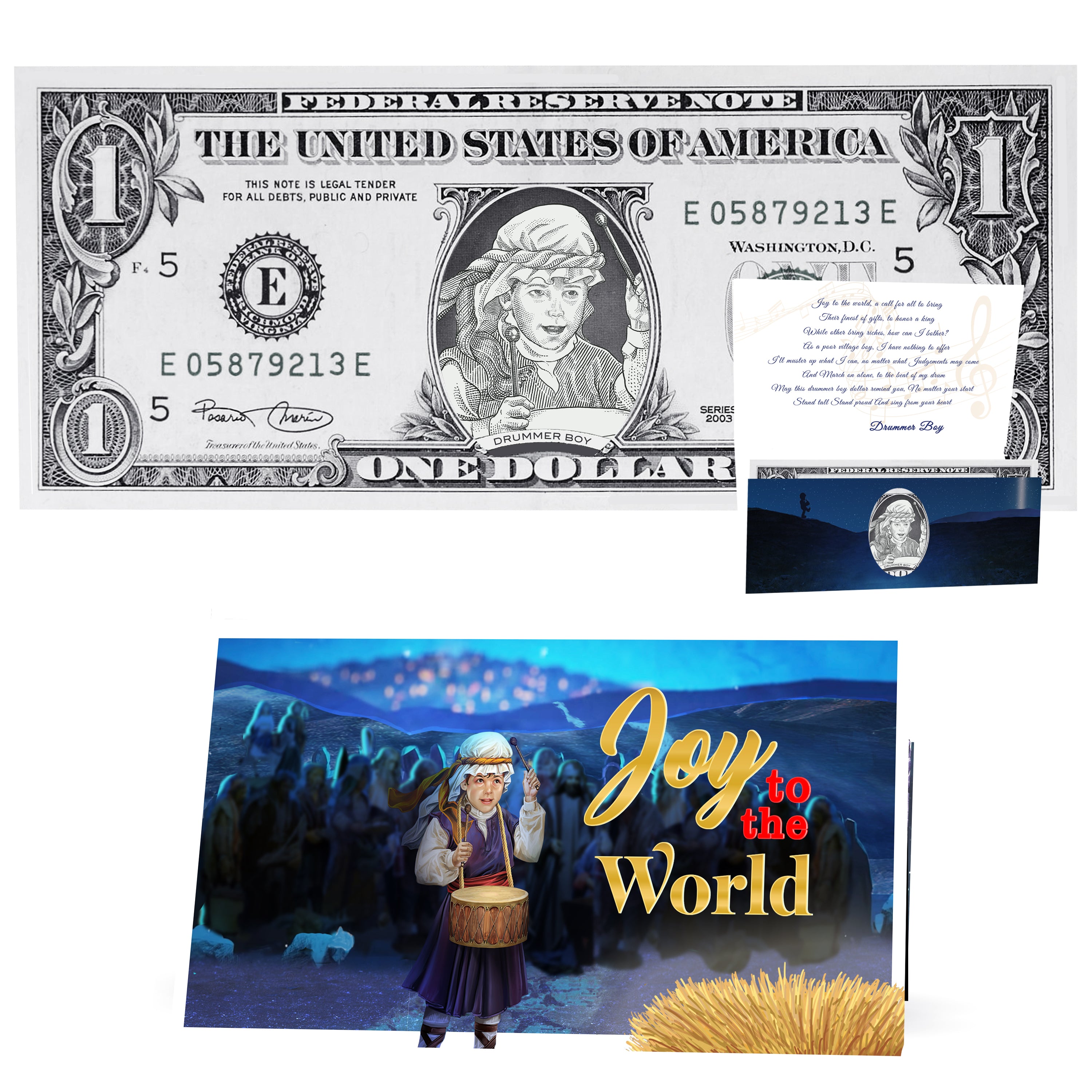 Drummer Boy Dollar Bill Stocking Stuffer Complete Gift Christmas Gift Package with Holiday Greeting Card. Affordable Christmas Gift