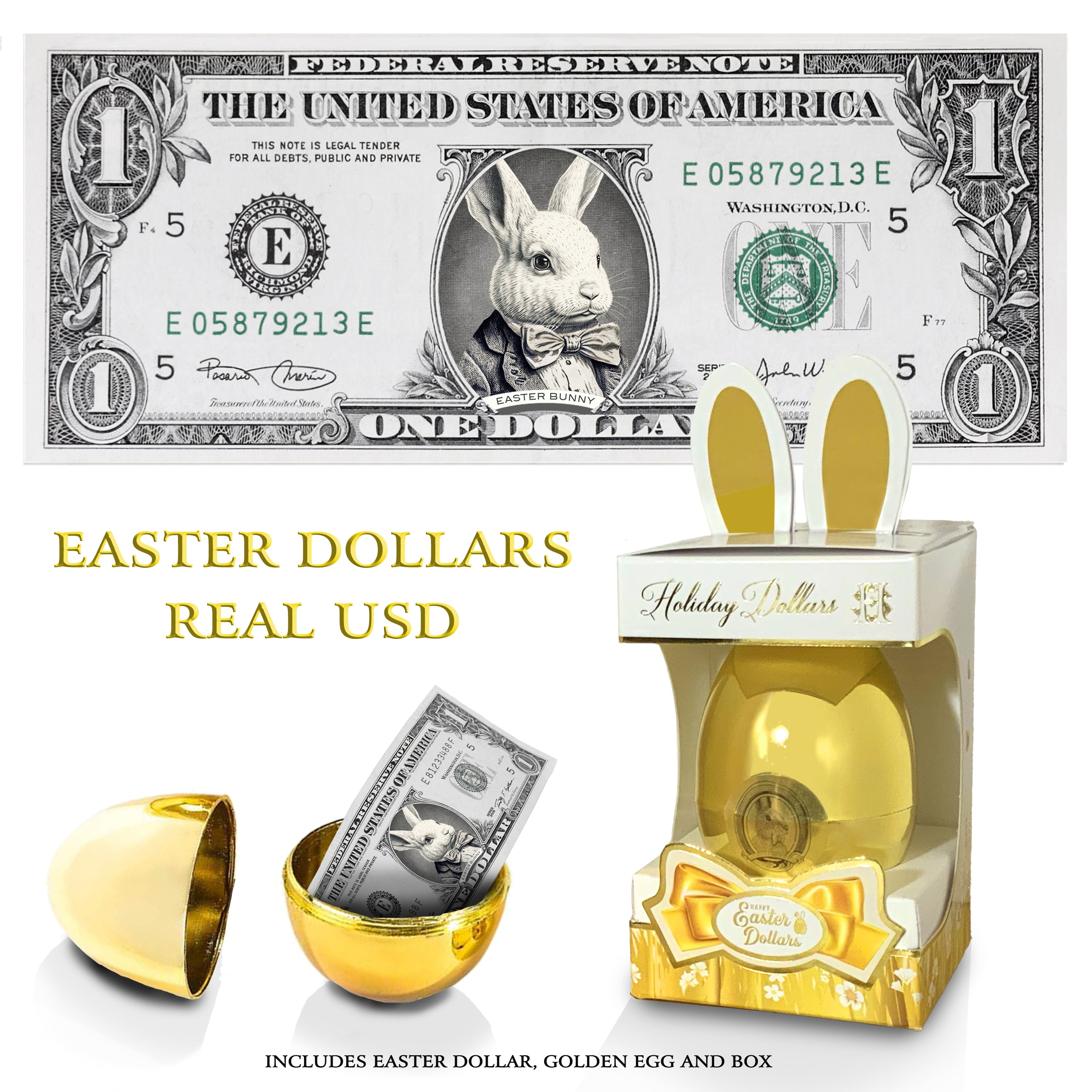 The Official Easter Bunny Dollar Bill with Golden Egg and Gift Box . Real 1.0 USD. Bankable & Spendable. Easter Basket Stuffer/Filler. Bunny Buck - Bunny Money