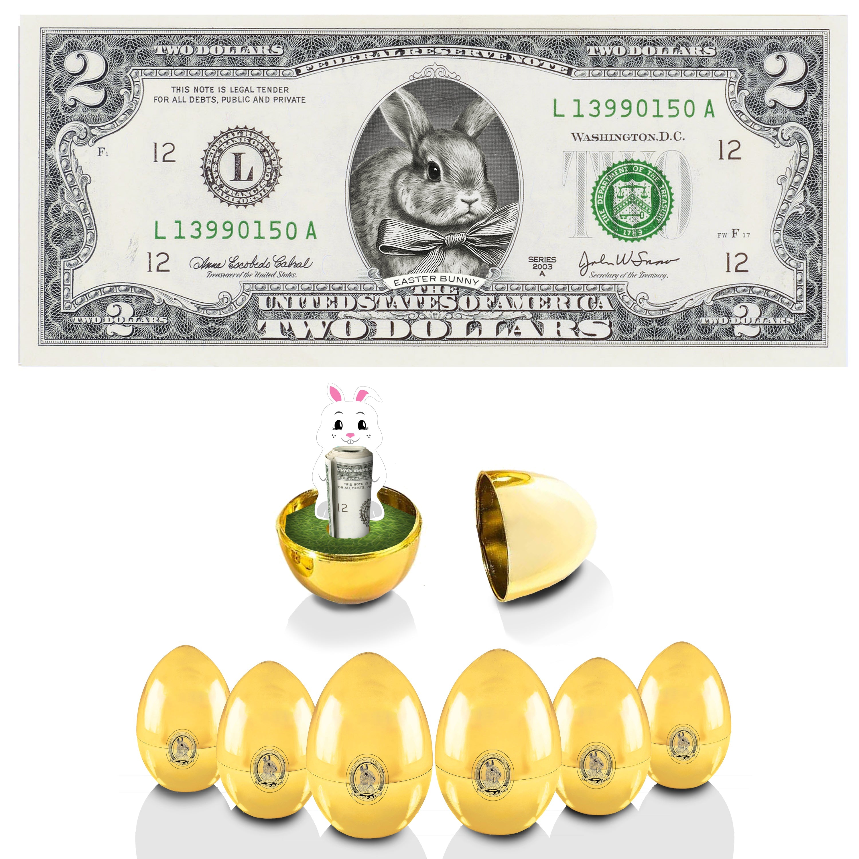 The Official Easter Bunny Dollar Bill with Golden Eggs Value 6 Pack. V2 Bunny in Suit. Bunny Bucks. Real 2.0 USD x 6. Bankable & Spendable. Easter Basket Stuffer/Filler.