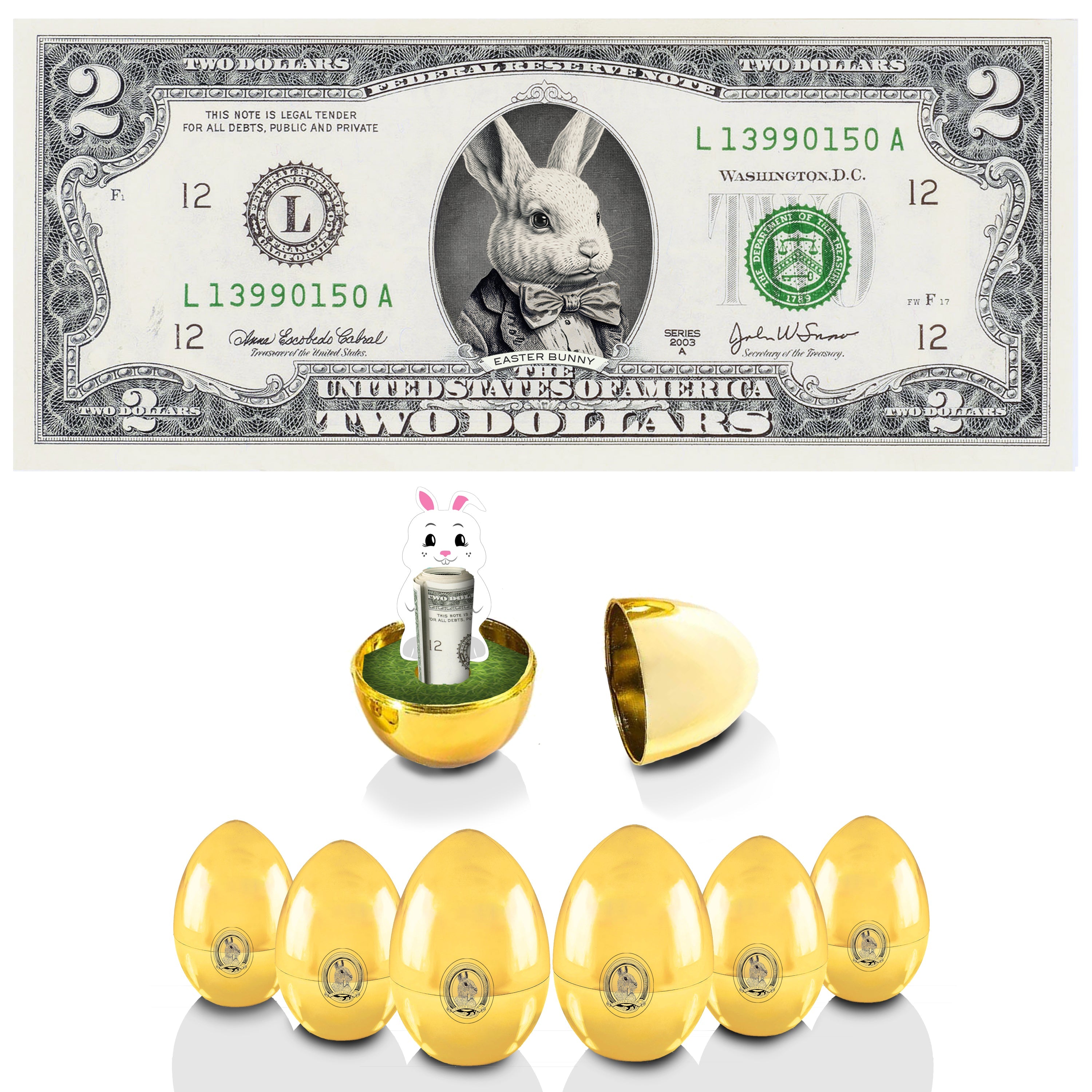 The Official Easter Bunny Dollar Bill with Golden Eggs Value 6 Pack. V2 Bunny in Suit. Bunny Bucks. Real 2.0 USD x 6. Bankable & Spendable. Easter Basket Stuffer/Filler.