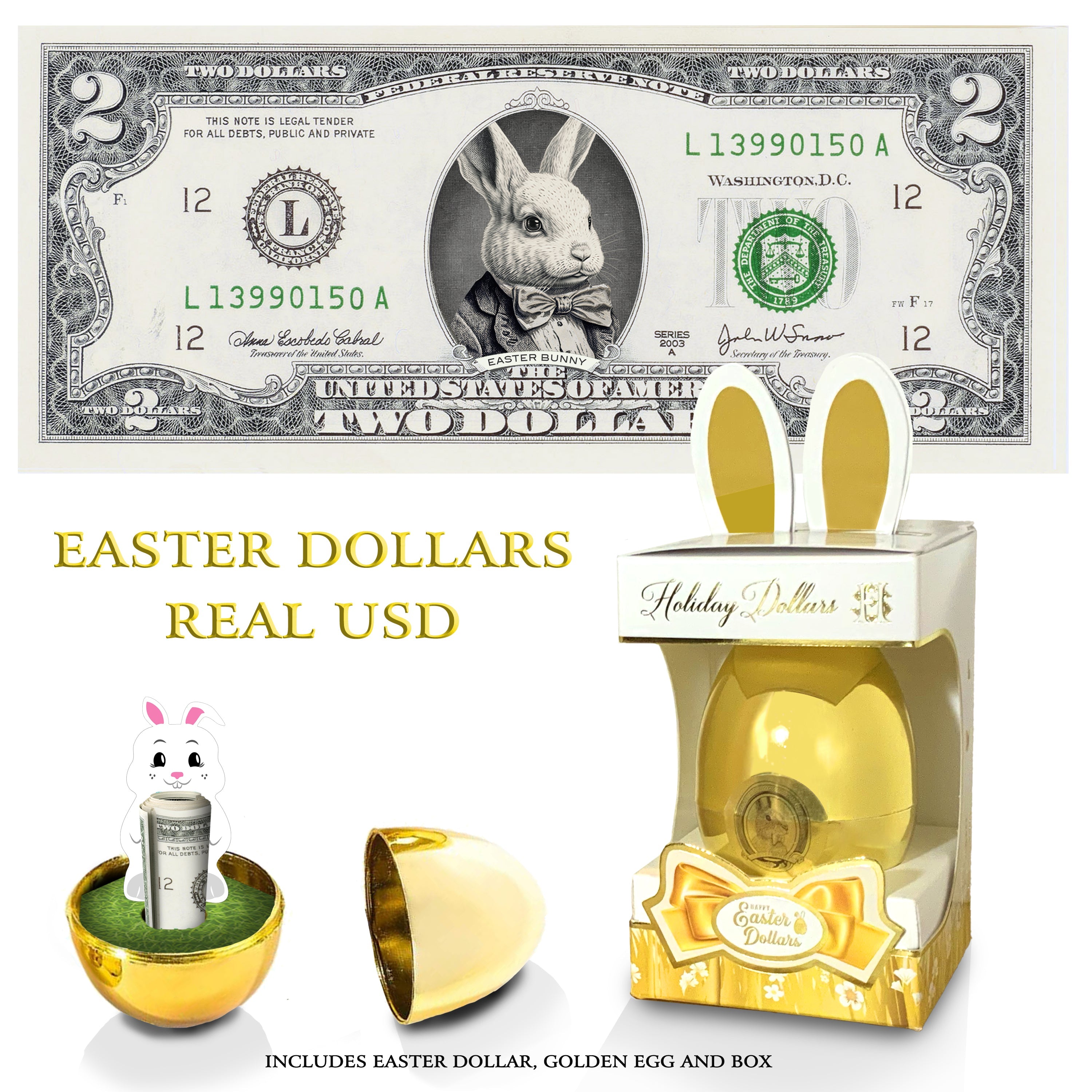 The Official Easter Bunny Dollar Bill with Golden Egg and Gift Box. V2. Real 2.0 USD. Bunny with Bow Version Bankable & Spendable. Easter Basket Stuffer/Filler.