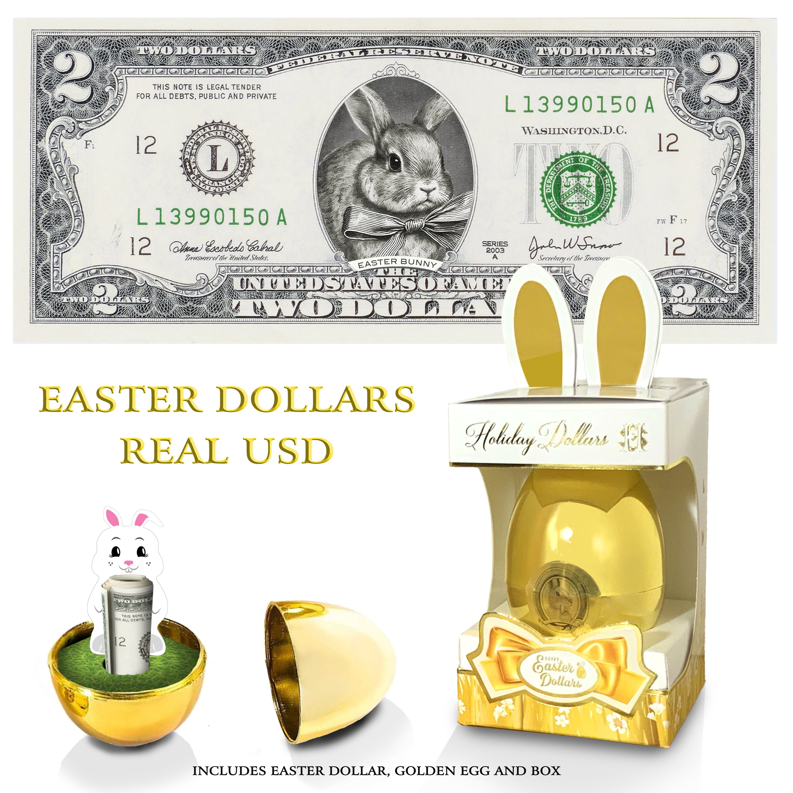 The Official Easter Bunny Dollar Bill with Golden Egg and Gift Box. V2. Real 2.0 USD. Bunny with Bow Version Bankable & Spendable. Easter Basket Stuffer/Filler.