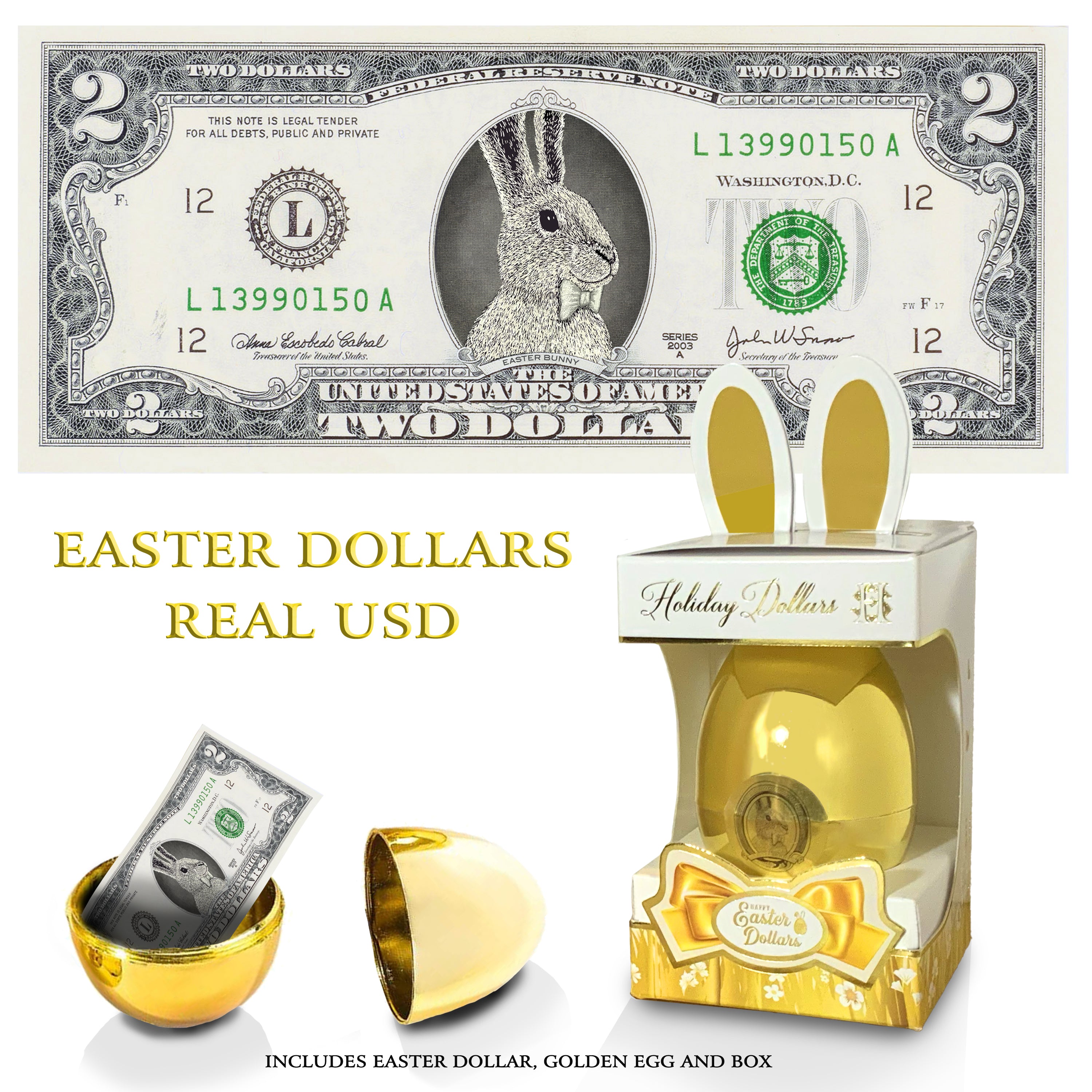 The Official Easter Bunny Dollar Bill with Golden Egg and Gift Box. Real 2.0 USD. Bankable & Spendable. Easter Basket Stuffer/Filler. Bunny Buck - Bunny Money