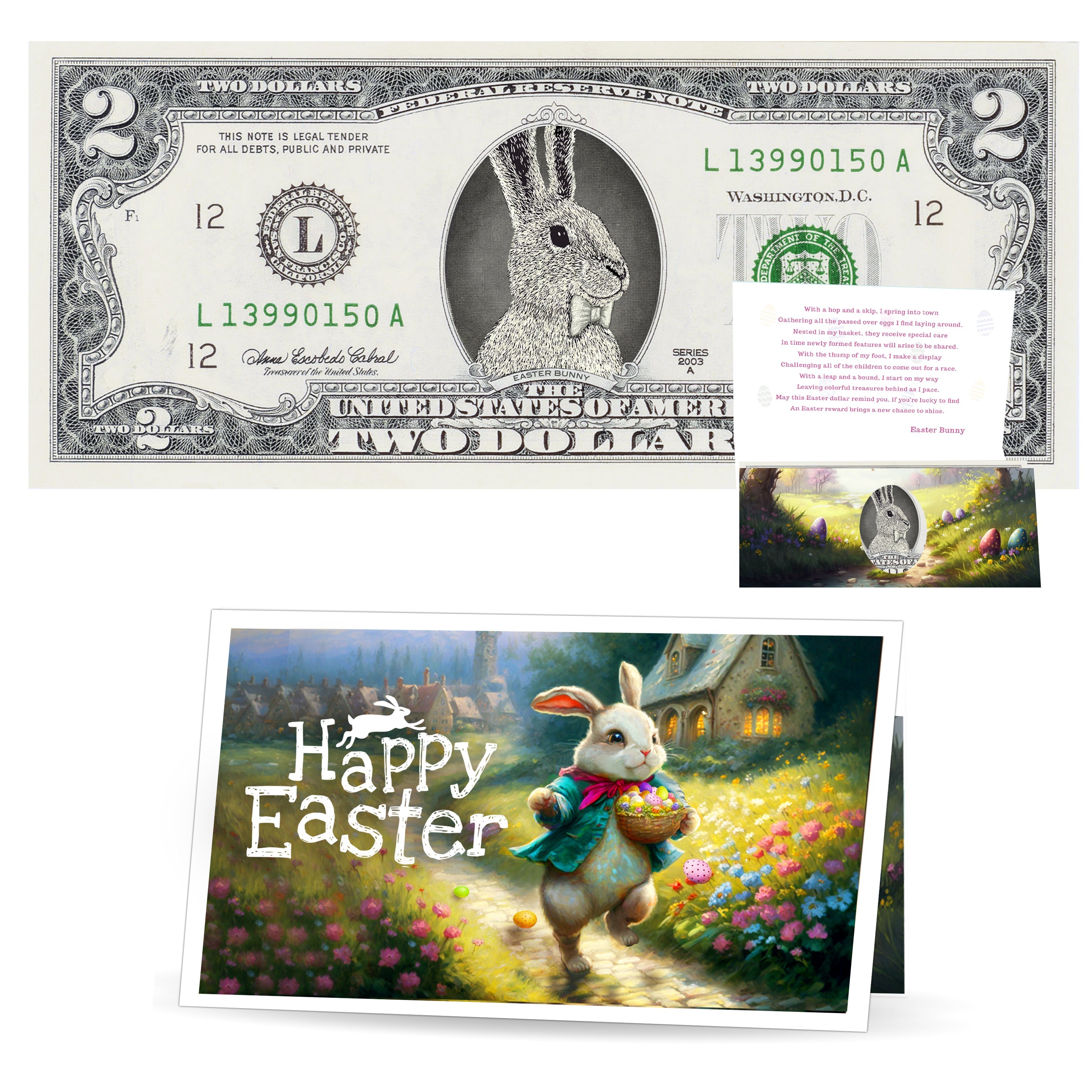 The Official Easter Bunny Dollar Bill. Real 2.0 USD V4 Peter Cottontail. Each Bill Comes with an Easter Card and Currency Holder. Easter Basket Stuffer/Filler. Bunny Buck - Bunny Money
