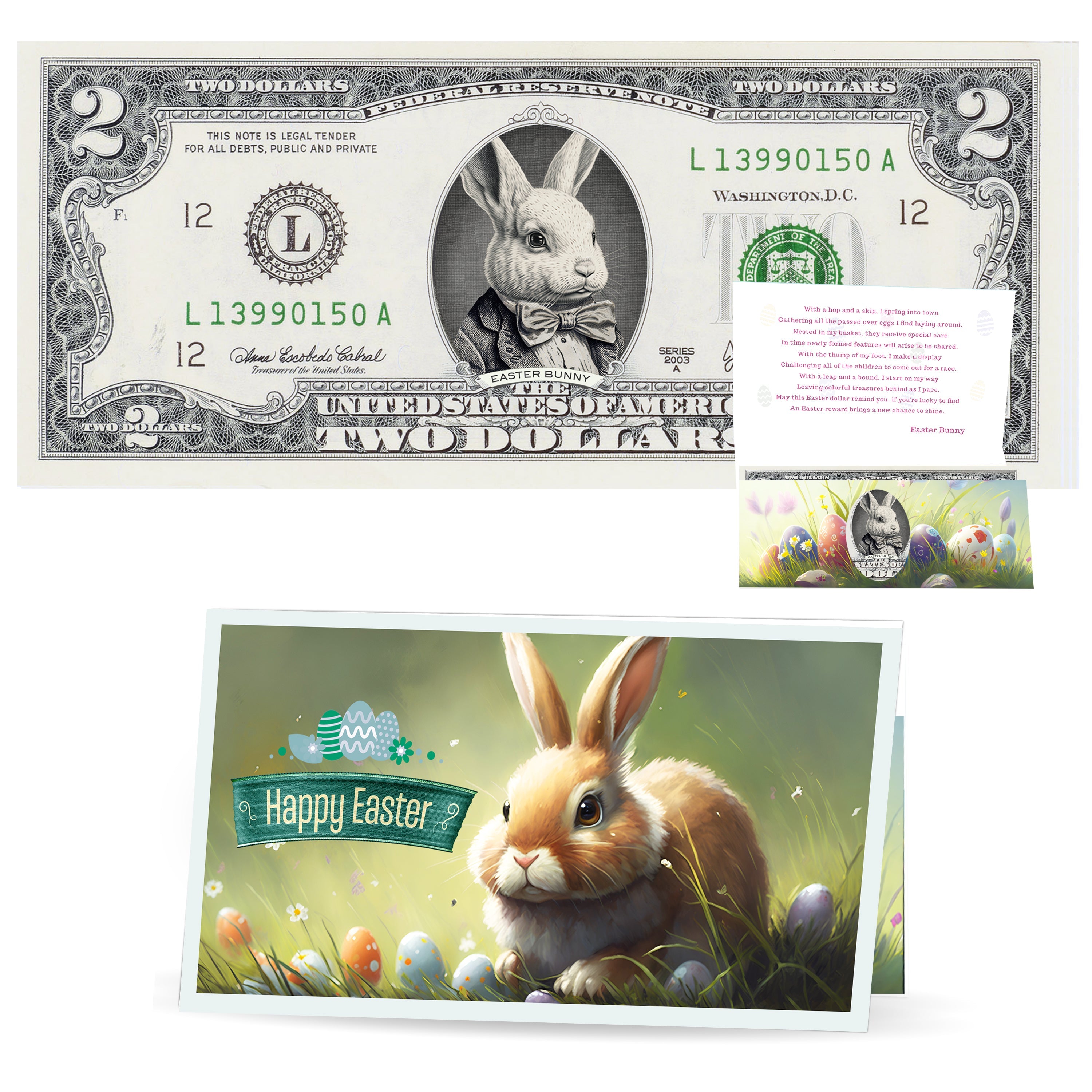 The Official Easter Bunny Dollar Bill. Real 2.0 USD V4 Peter Cottontail. Each Bill Comes with an Easter Card and Currency Holder. Easter Basket Stuffer/Filler. Bunny Buck - Bunny Money