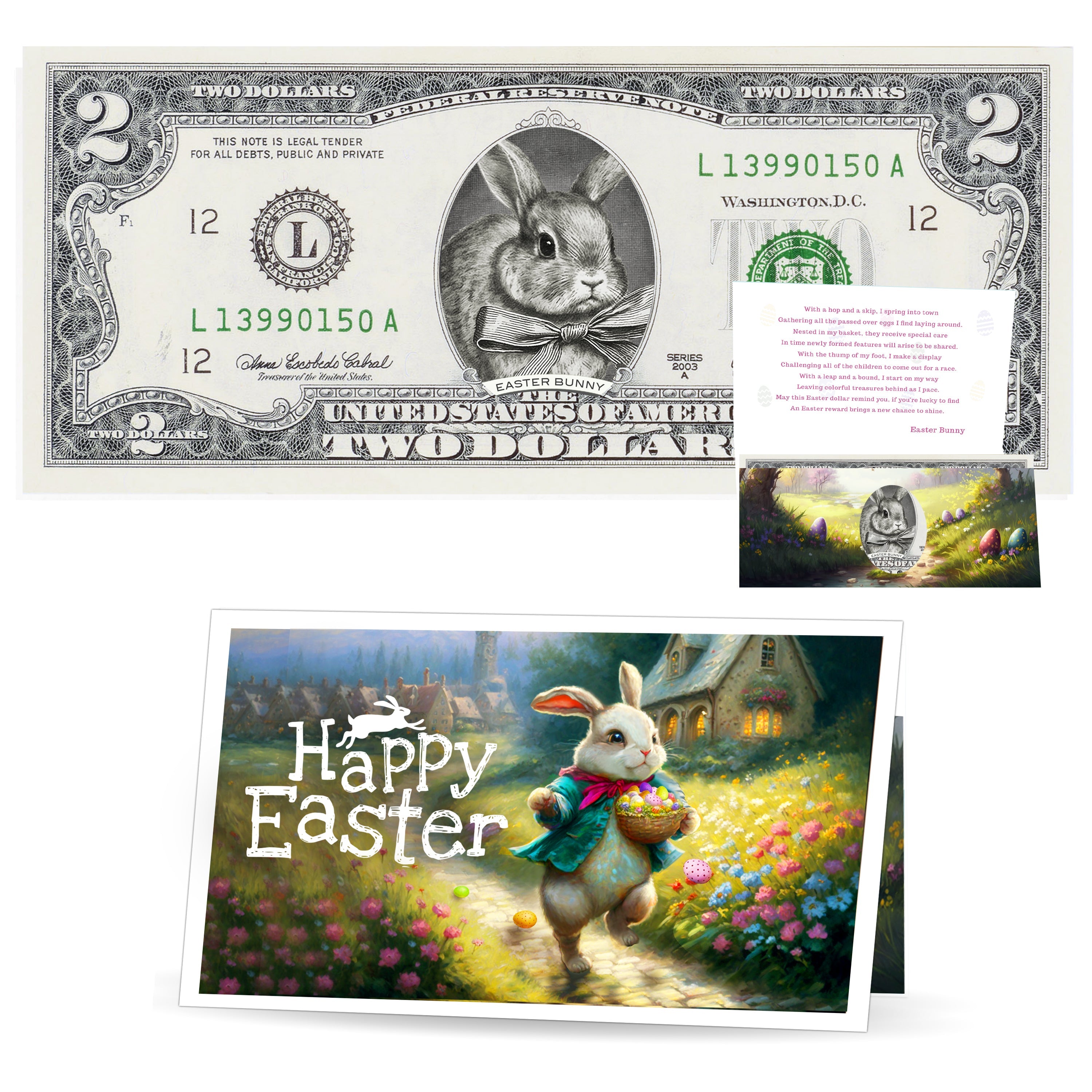 The Official Easter Bunny Dollar Bill. Real 2.0 USD V4 Peter Cottontail. Each Bill Comes with an Easter Card and Currency Holder. Easter Basket Stuffer/Filler. Bunny Buck - Bunny Money