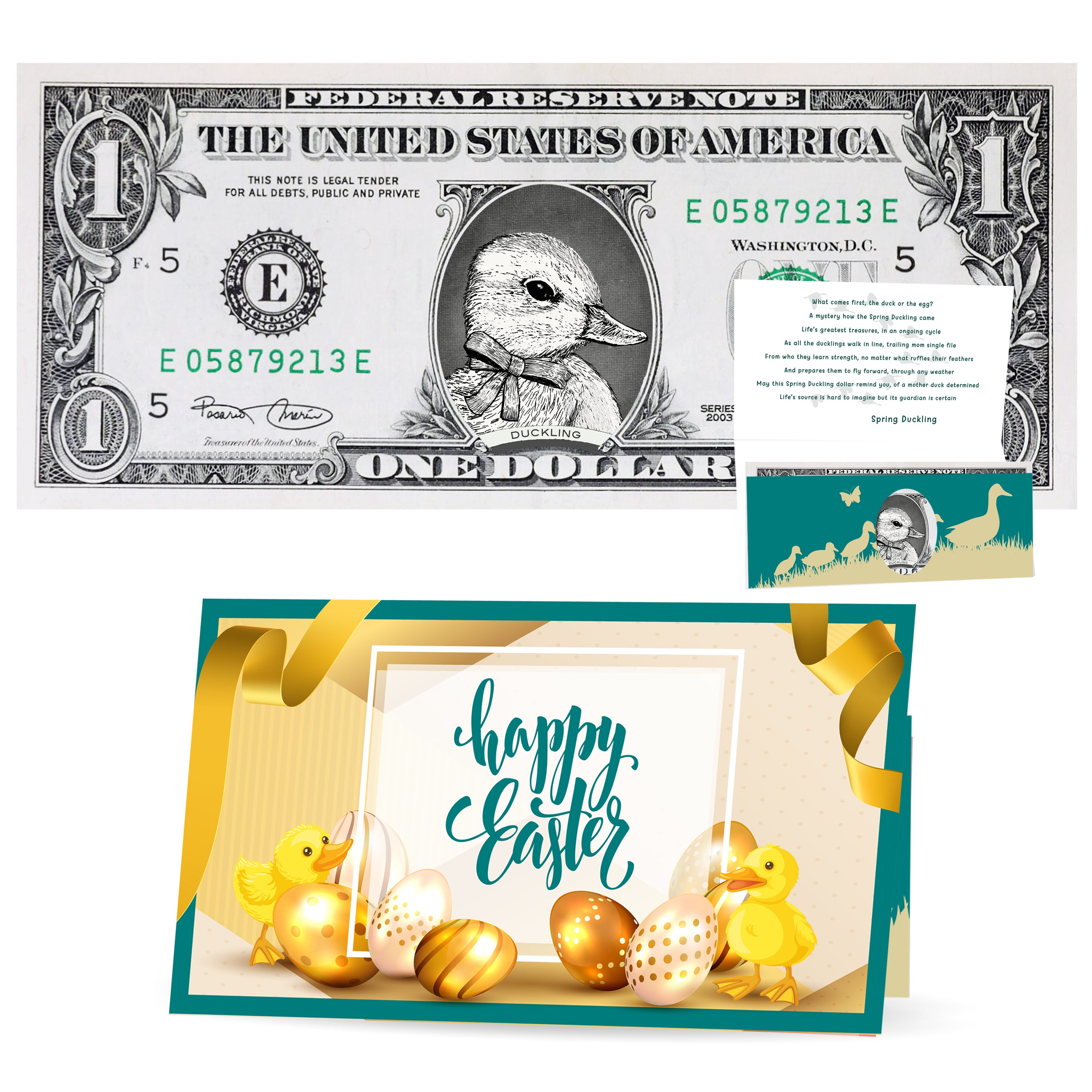 The Official Easter Spring Duckling Dollar Bill. Real 1.0 USD. Comes with an Easter Card and Currency Holder. Easter Basket Stuffer/Filler