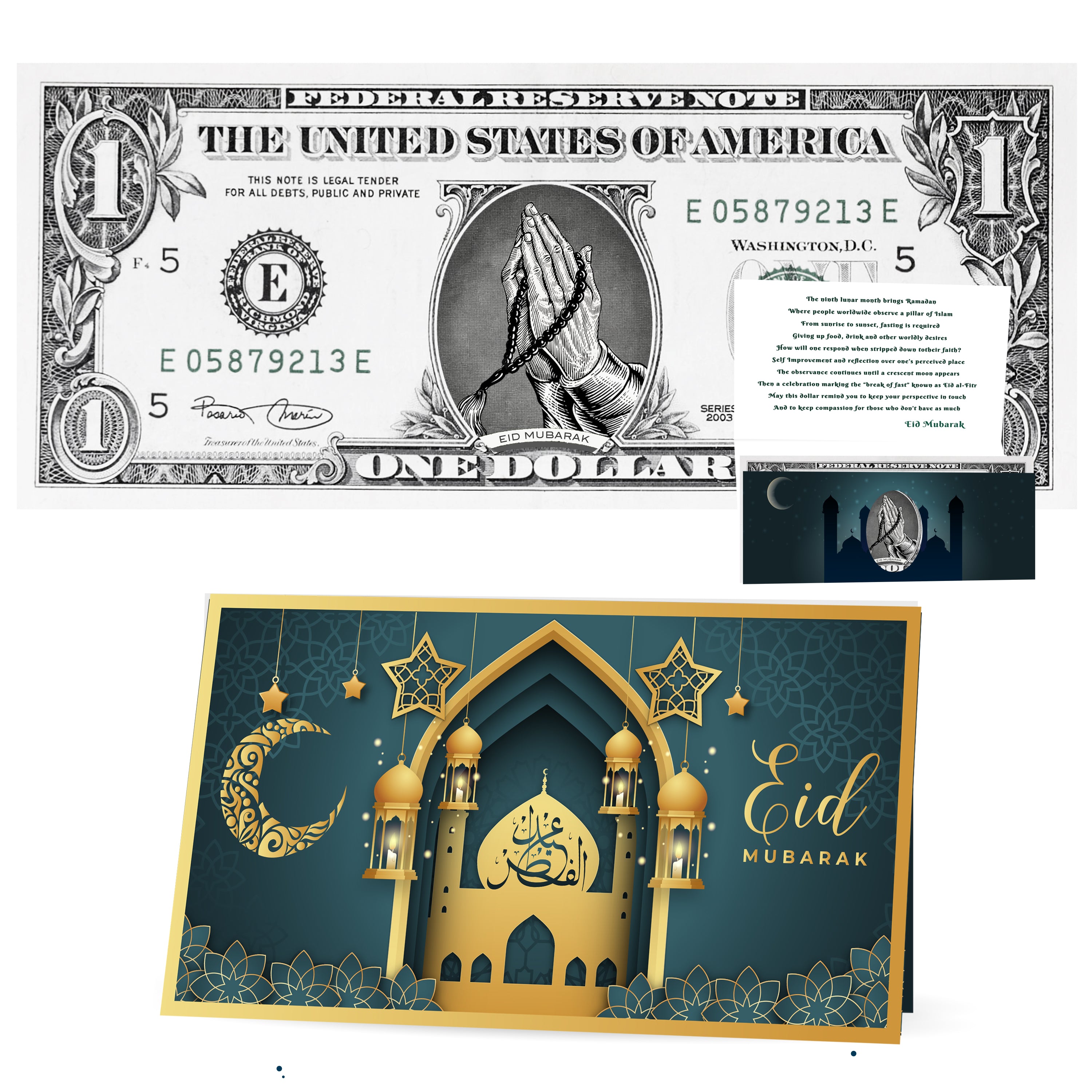 Official Eid al-Fitr Ramadan Dollar: Real 1.0 USD. Bankable & Spendable and Currency Holder Greeting Card. Eid Mubarek