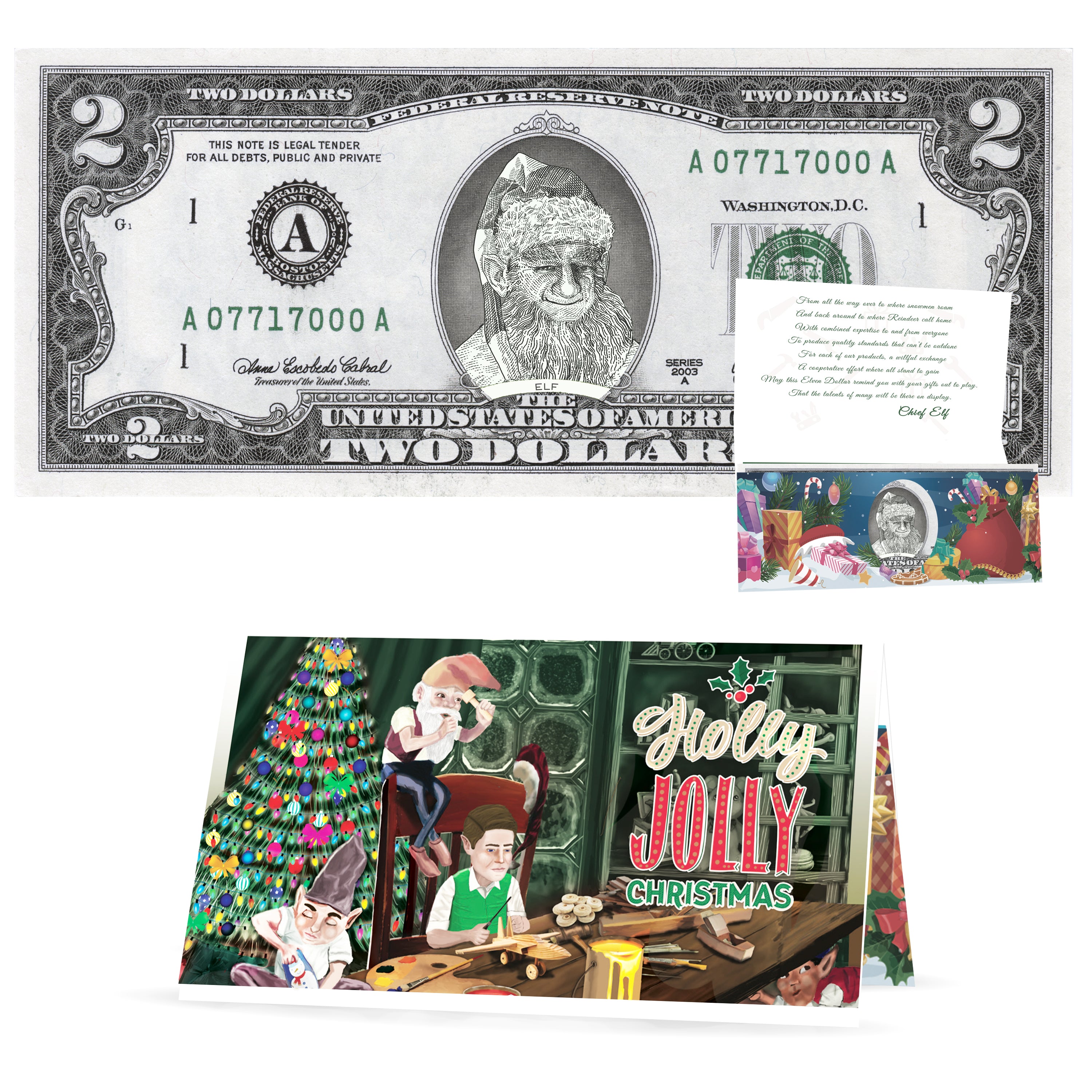 Santa's Elf 2.0 Dollar Bill Stocking Stuffer Complete Christmas Gift Package with Holiday Greeting Card. Affordable Christmas Gift