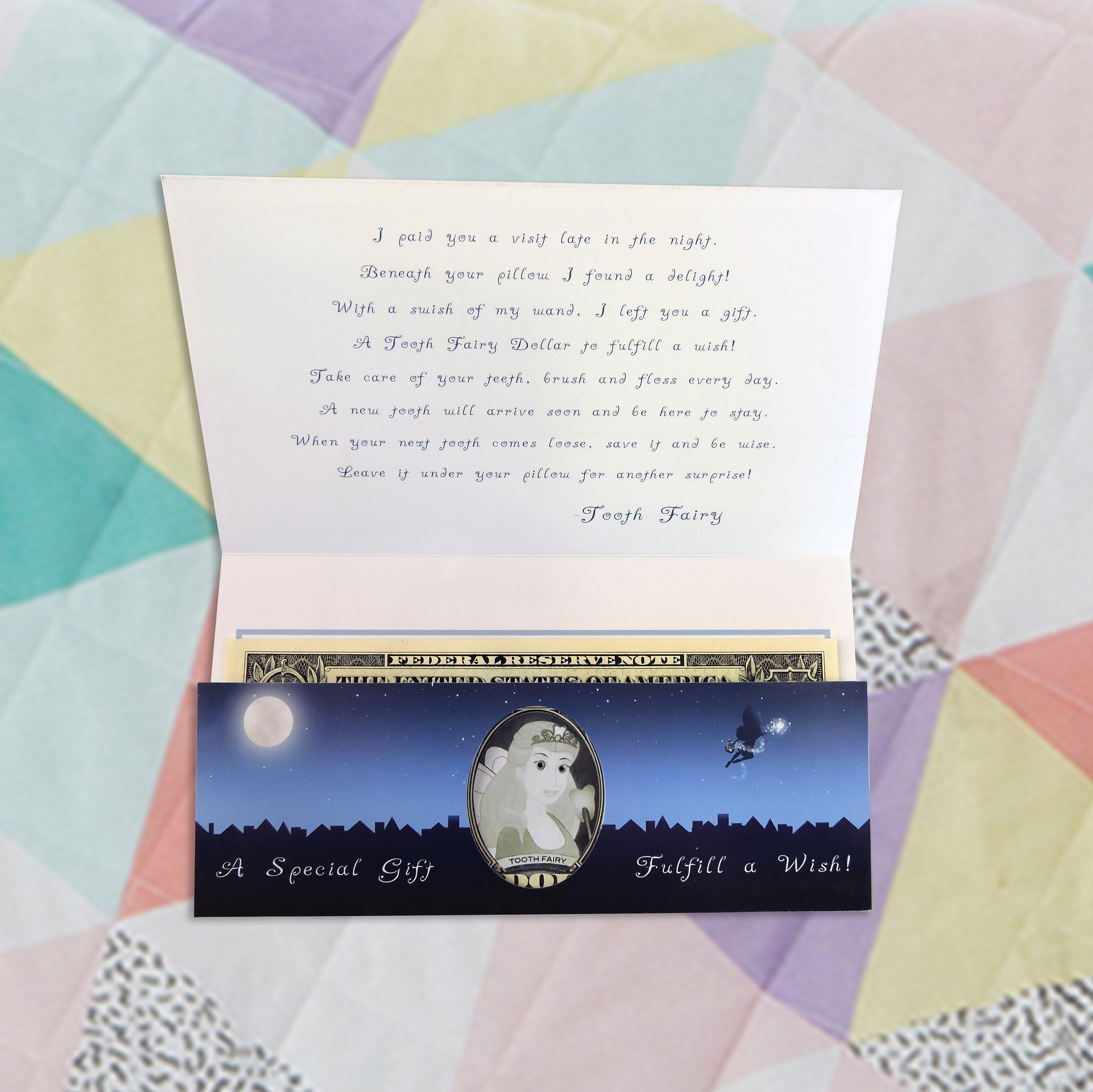 Tooth Fairy Gift: Official Tooth Fairy 2.0 Dollar Bill - Realistic . Real USD. Bankable and Spendable. Gift Package with Tooth Fairy Letter