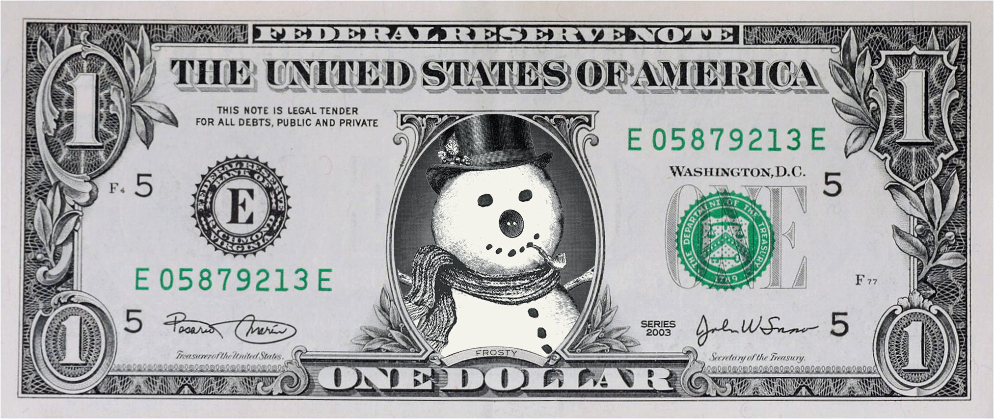 Frosty the Snowman Dollar Bill Stocking Stuffer Complete Gift Christmas Gift Package with Holiday Greeting Card. Affordable Christmas Gift