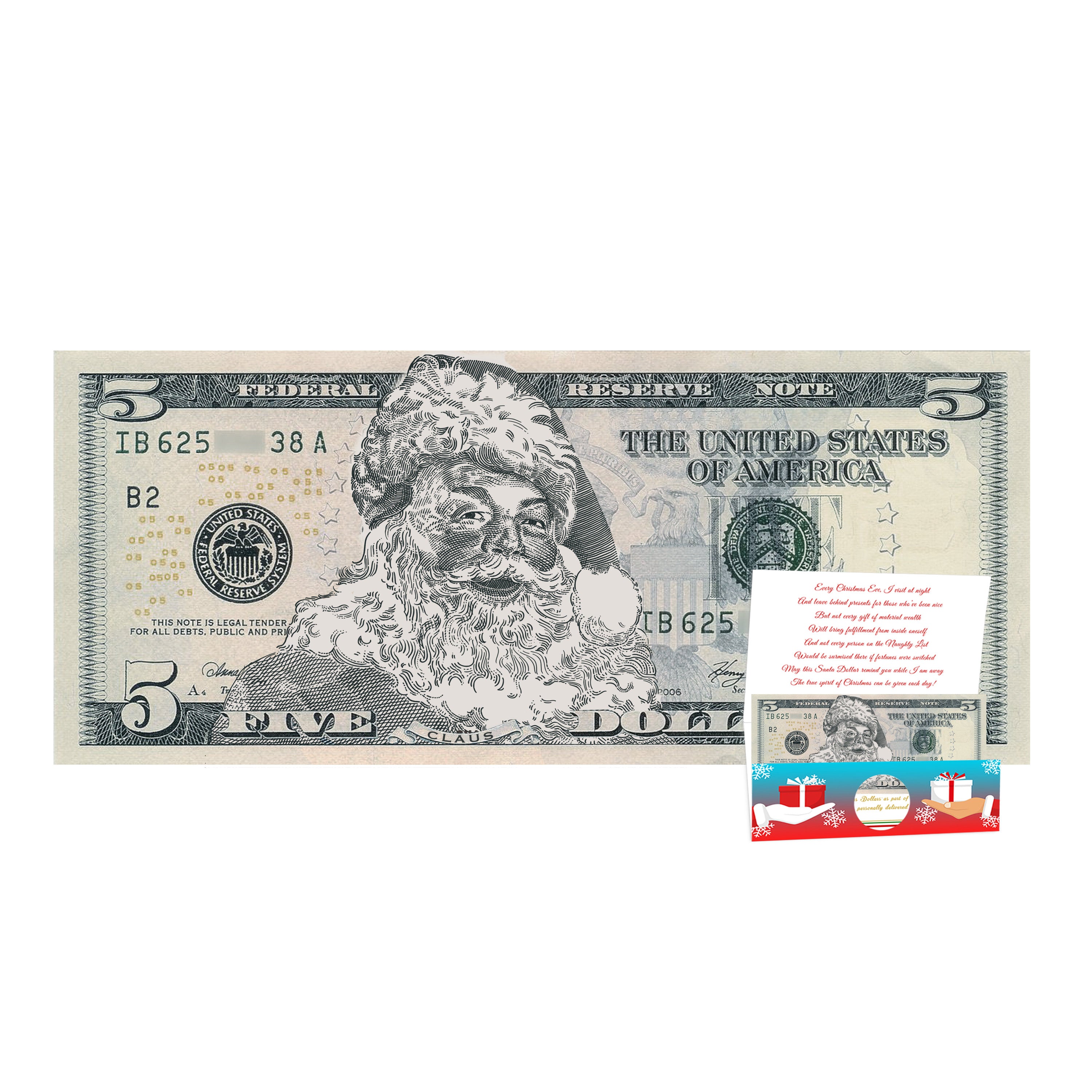 Official Santa Claus 5.0 Bill. Real USD. Bankable & Spendable. Perfect Stocking Stuffer. Complete Christmas Gift Package. Affordable Gift.