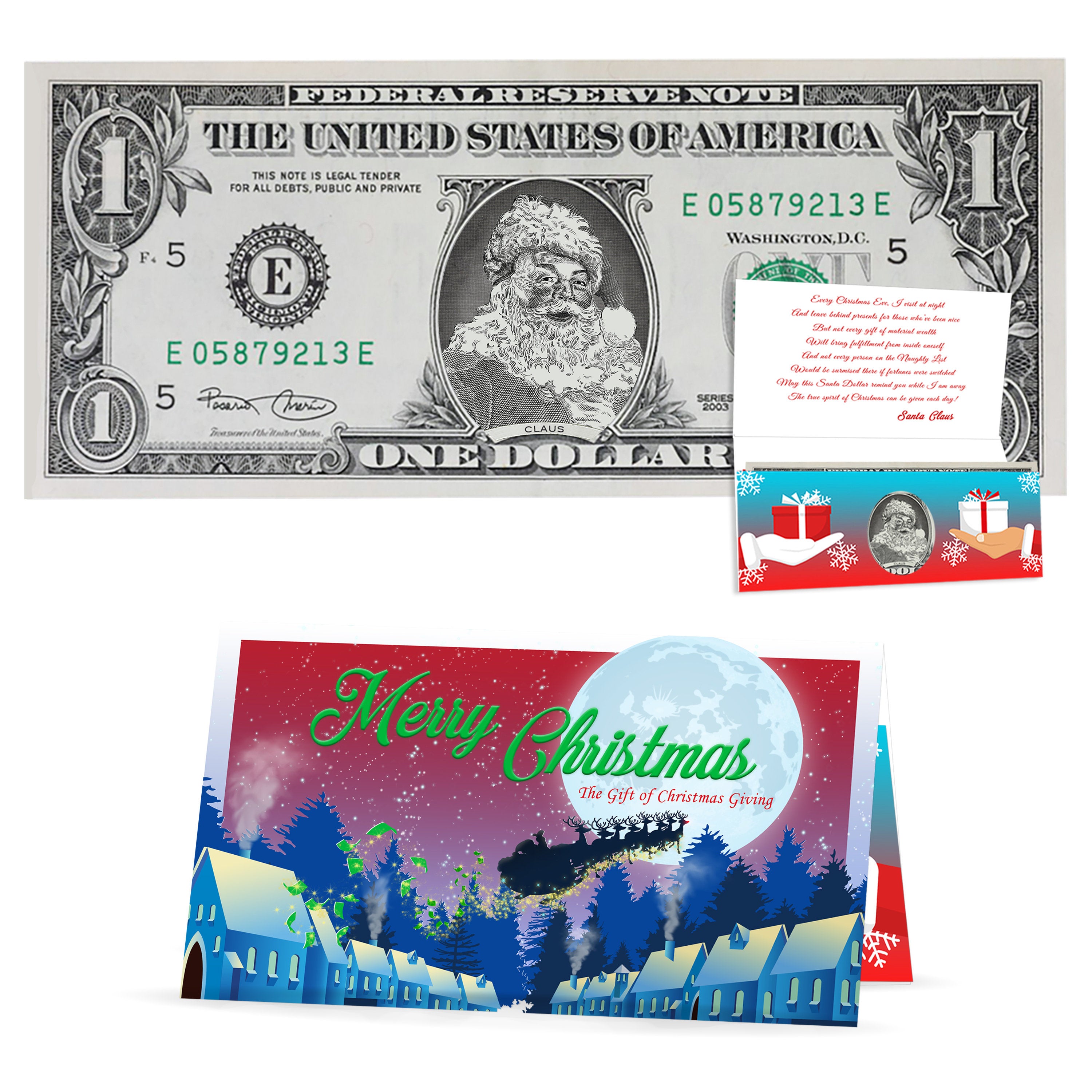 The Official Santa Claus Dollar Bill. Perfect Stocking Stuffer. Complete Gift Christmas Gift Package with Holiday Greeting Card. Affordable Christmas Gift